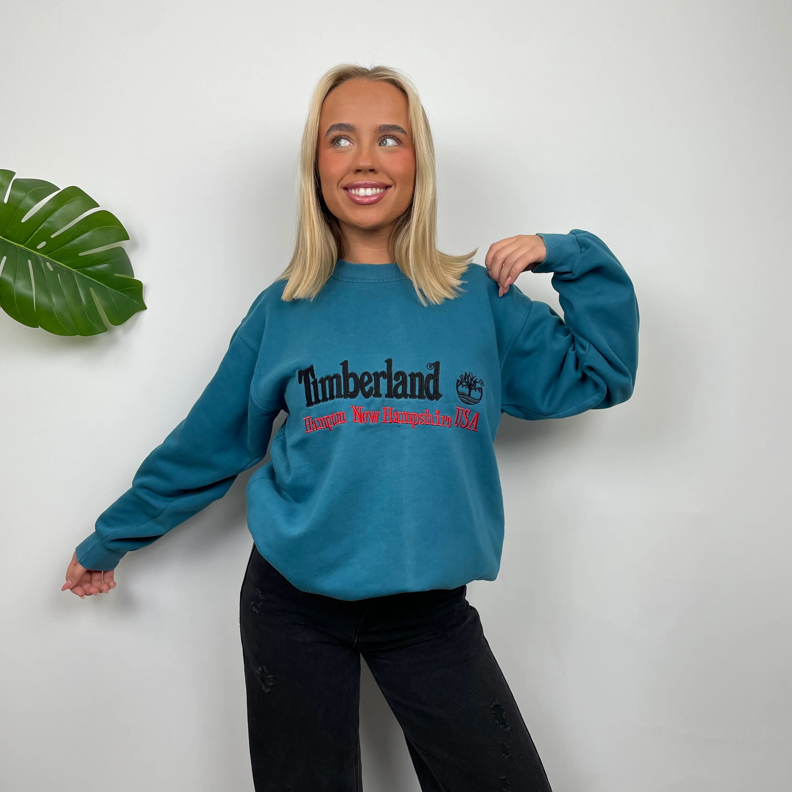 Timberland RARE Turquoise Blue Embroidered Spell Out Sweatshirt (L) - Image 5