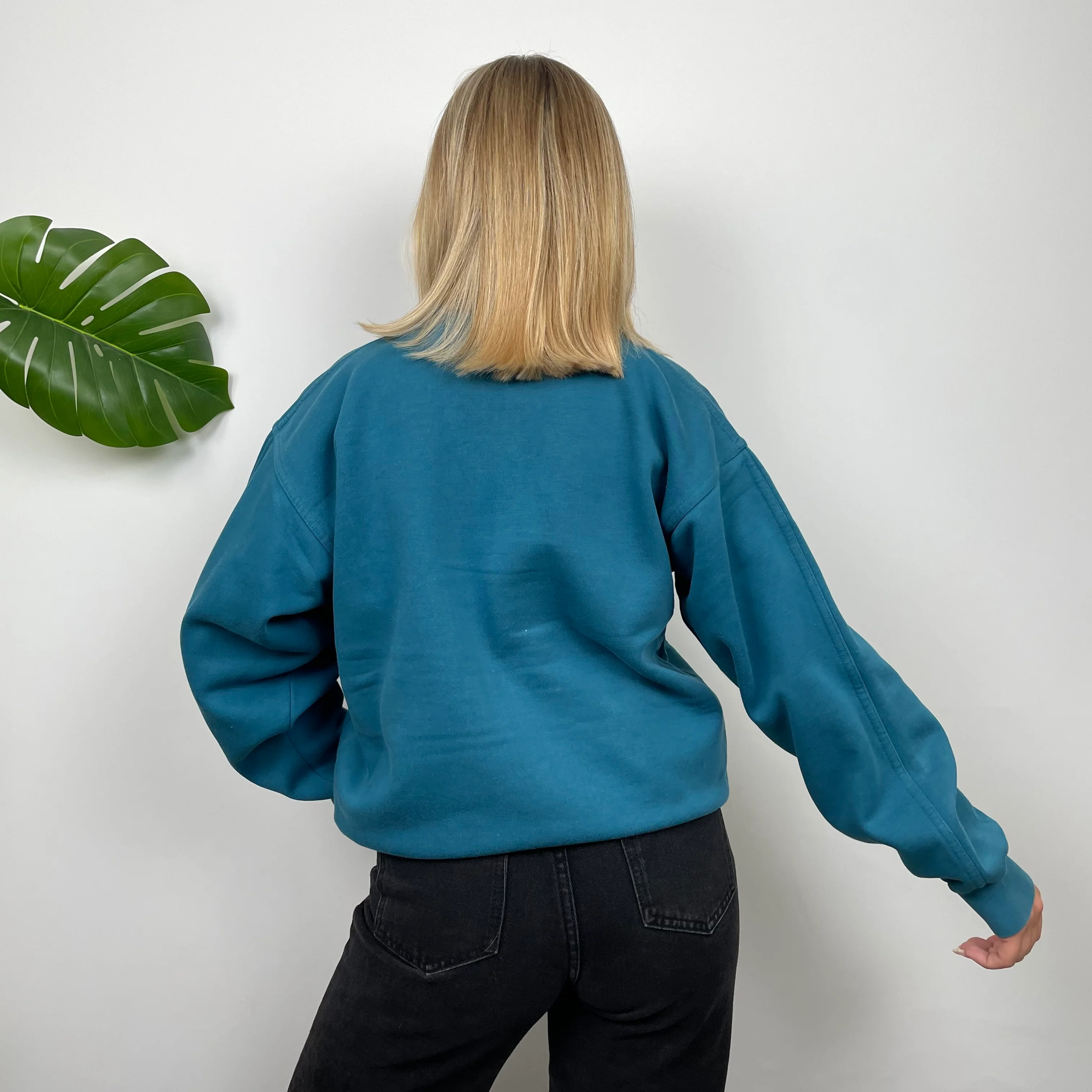 Timberland RARE Turquoise Blue Embroidered Spell Out Sweatshirt (L) - Image 7