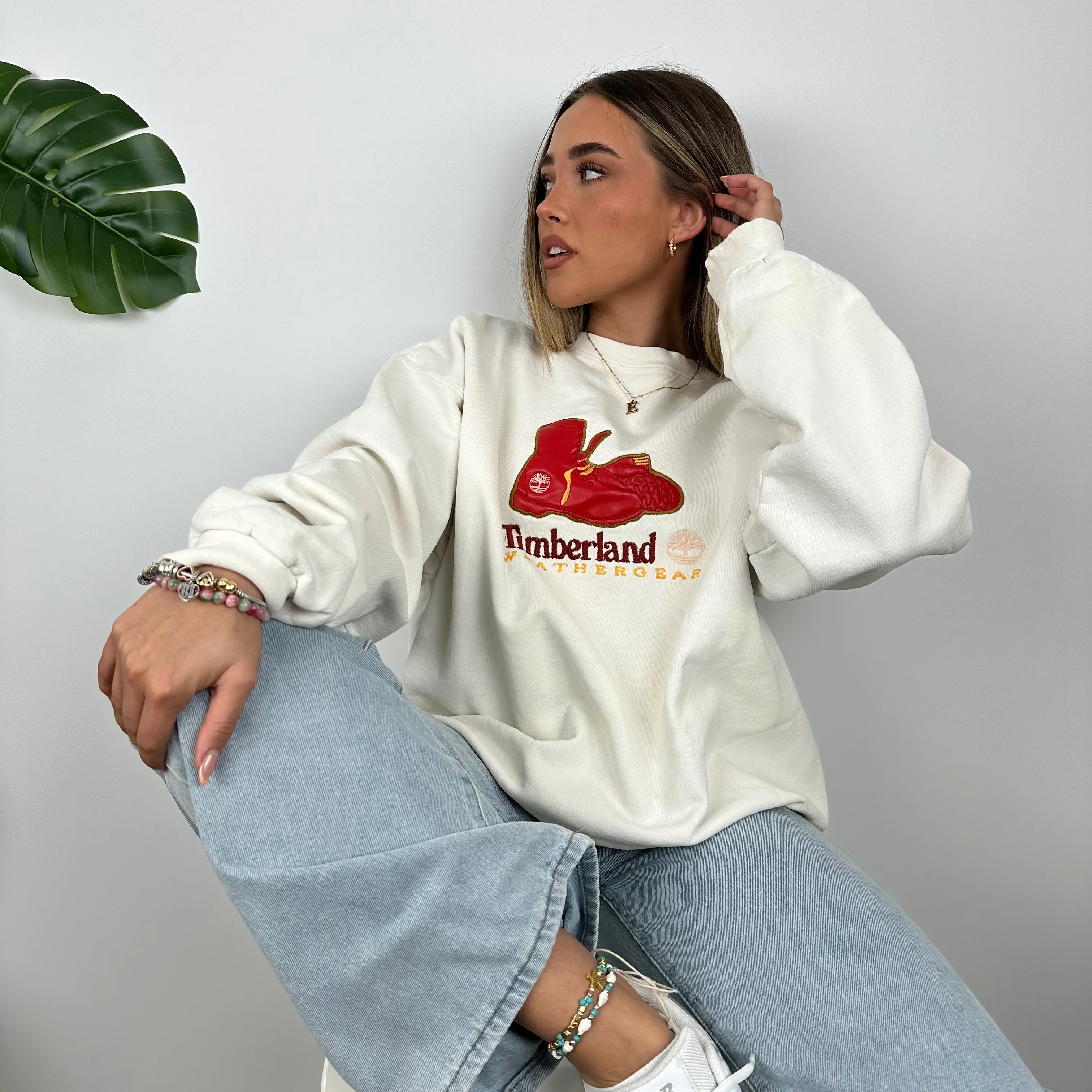 Timberland White Embroidered Spell Out Sweatshirt (L) - Image 2