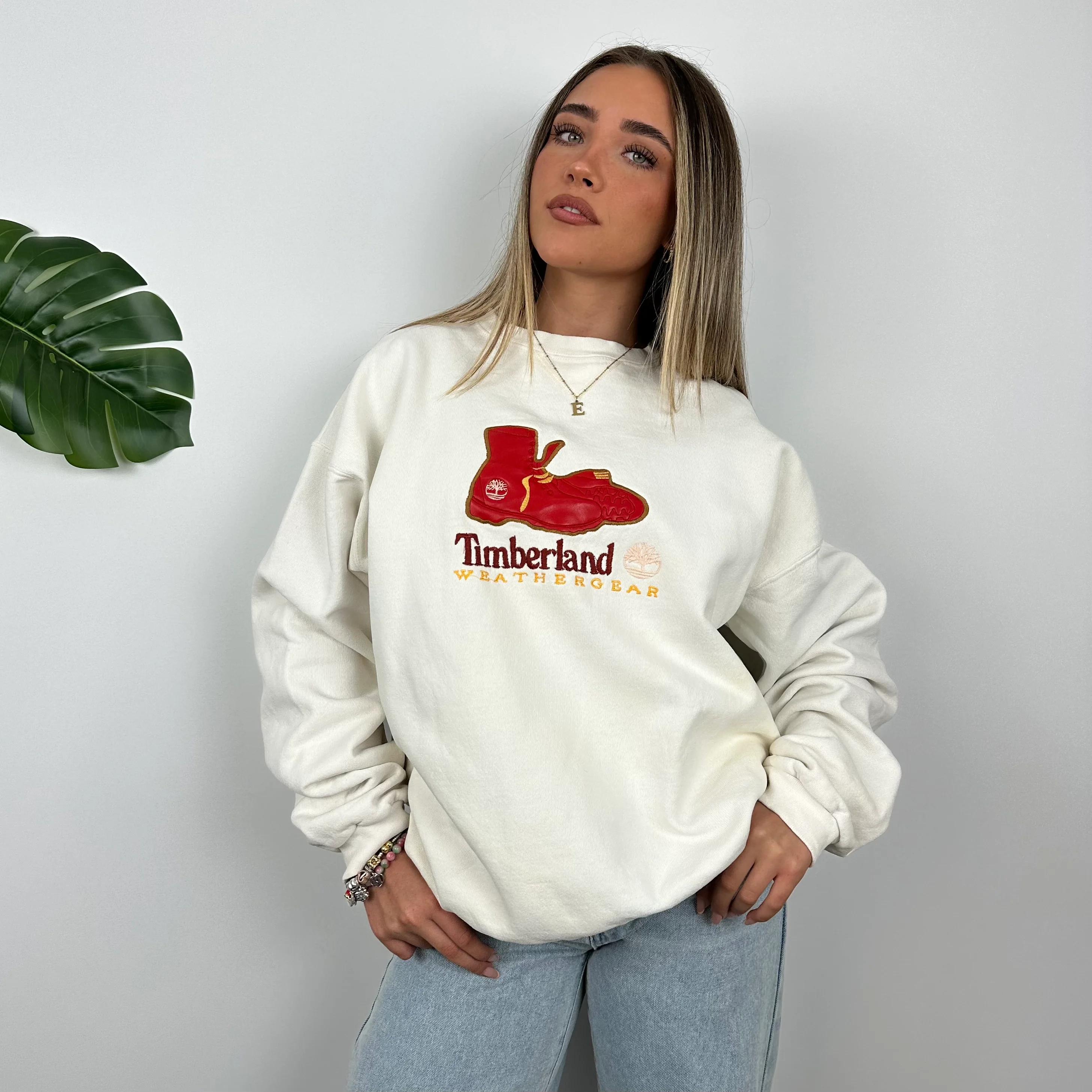 Timberland White Embroidered Spell Out Sweatshirt (L) - Image 4