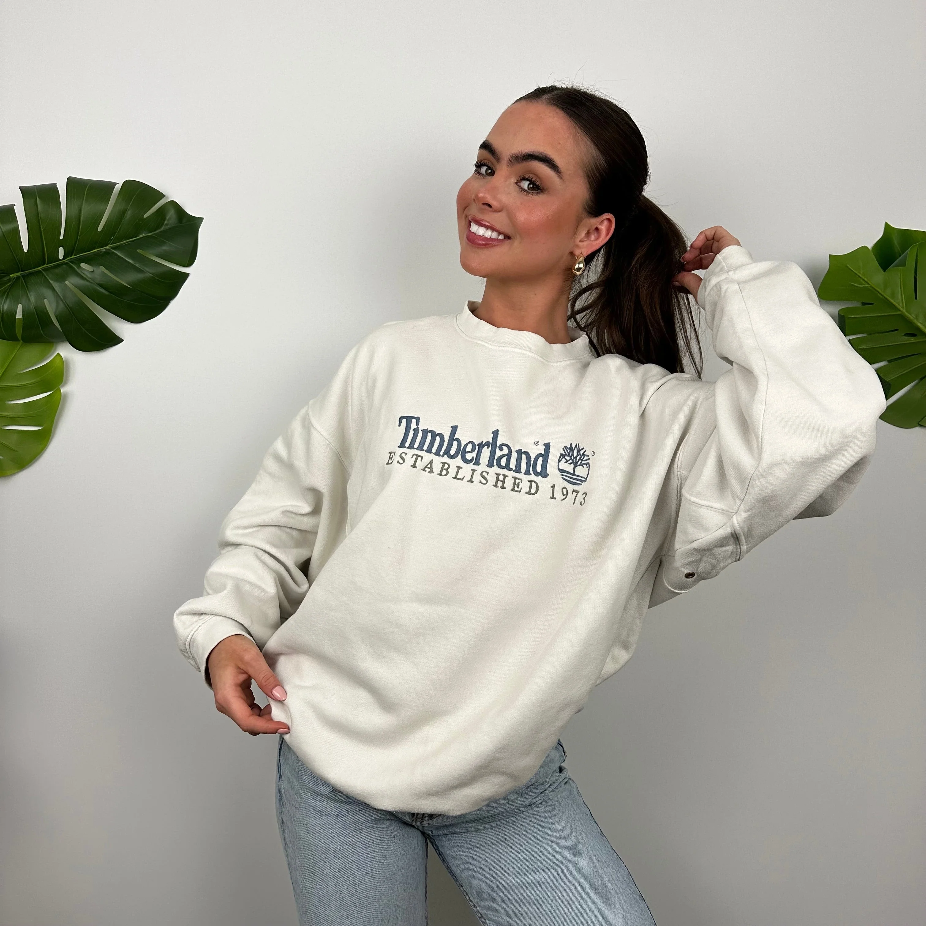 Timberland White Embroidered Spell Out Sweatshirt (M) - Image 2