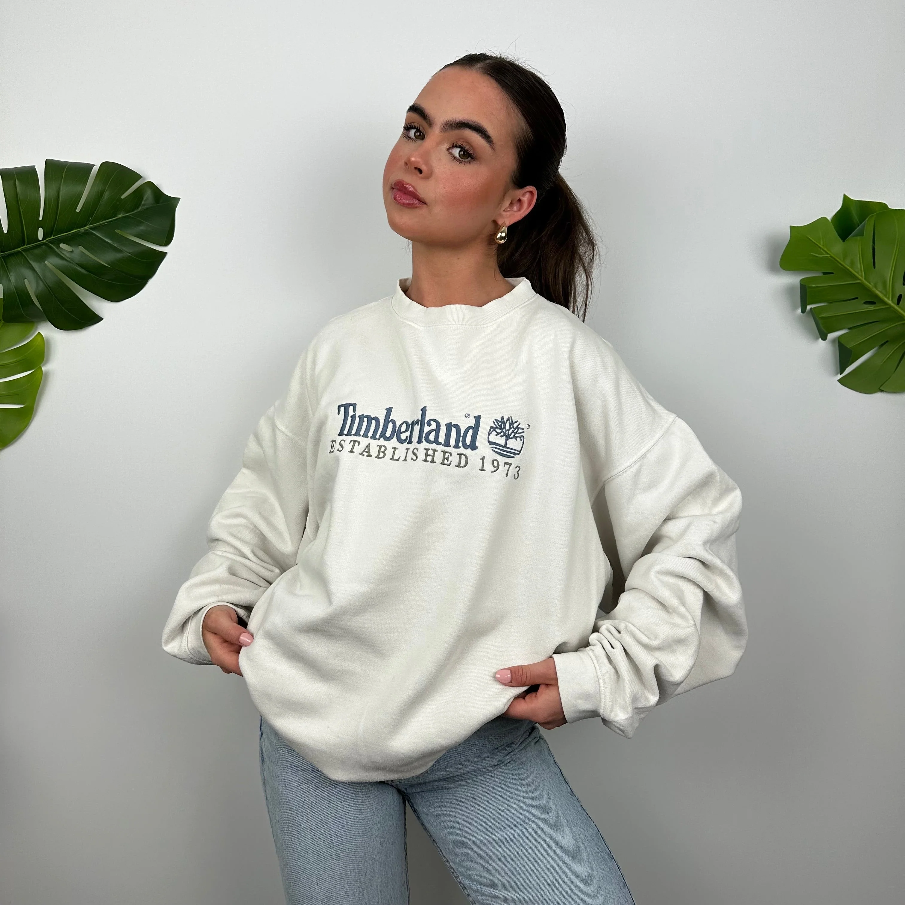 Timberland White Embroidered Spell Out Sweatshirt (M) - Image 5