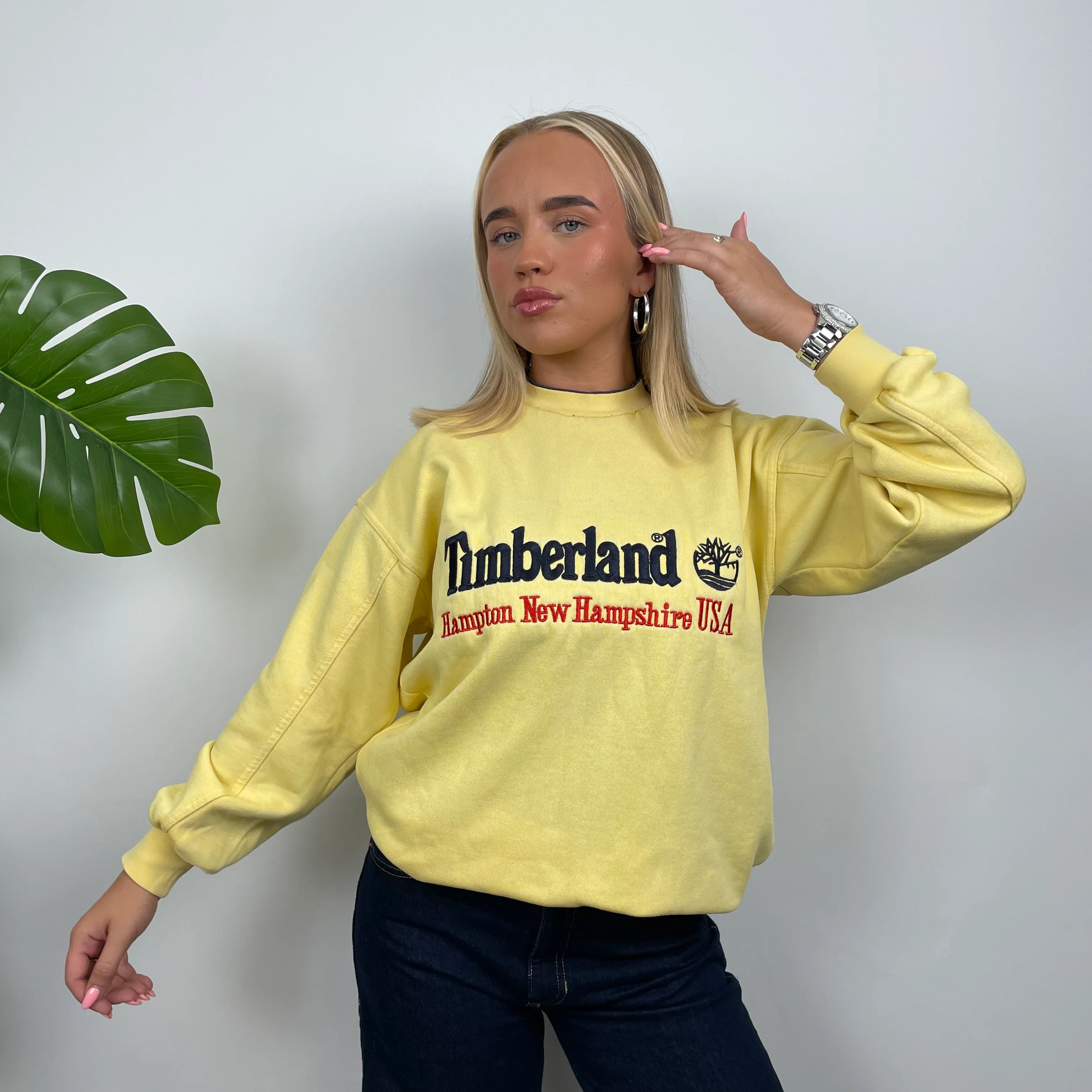 Timberland Yellow Embroidered Spell Out Sweatshirt (M) - Image 3