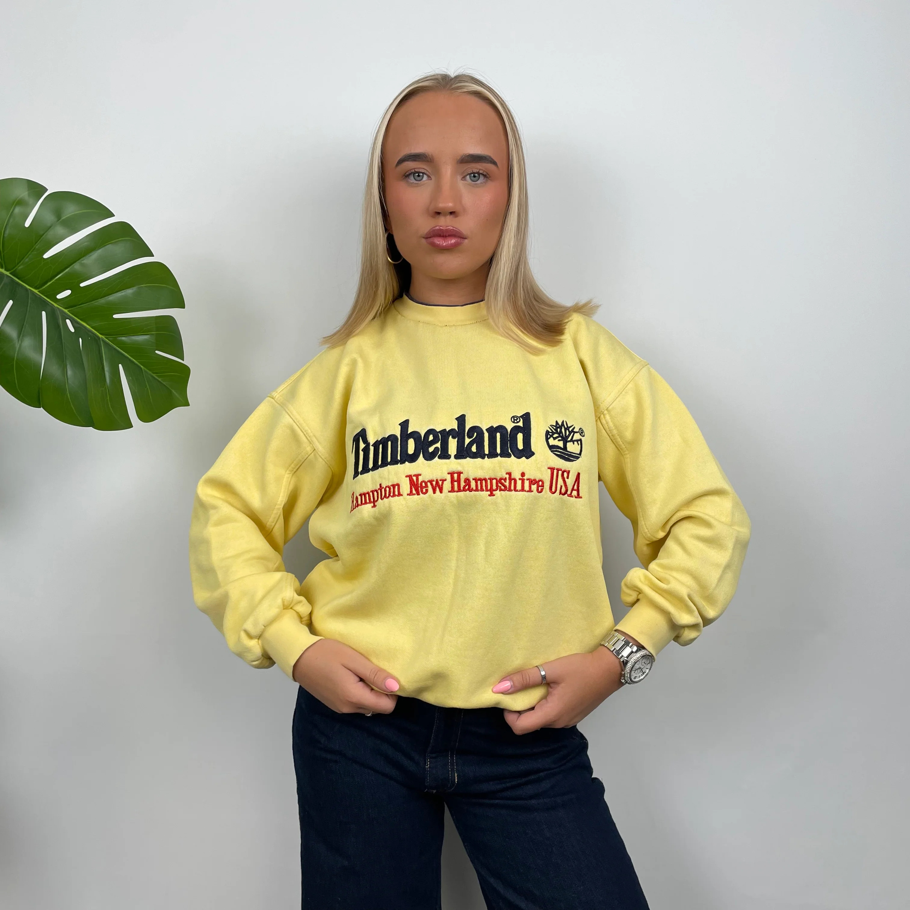 Timberland Yellow Embroidered Spell Out Sweatshirt (M) - Image 6