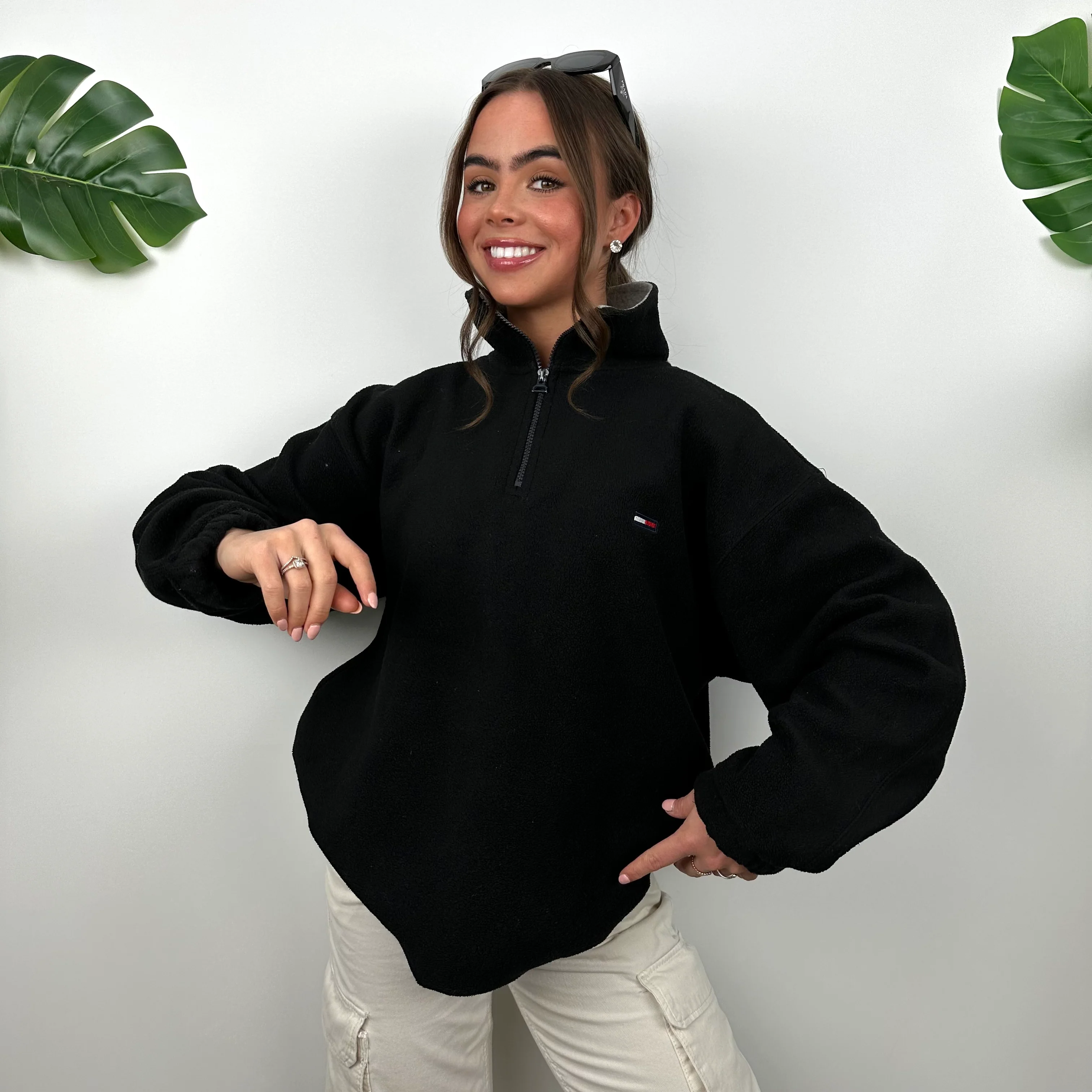Tommy Hilfiger Black Embroidered Logo Teddy Bear Fleece Quarter Zip Sweatshirt (M) - Image 2