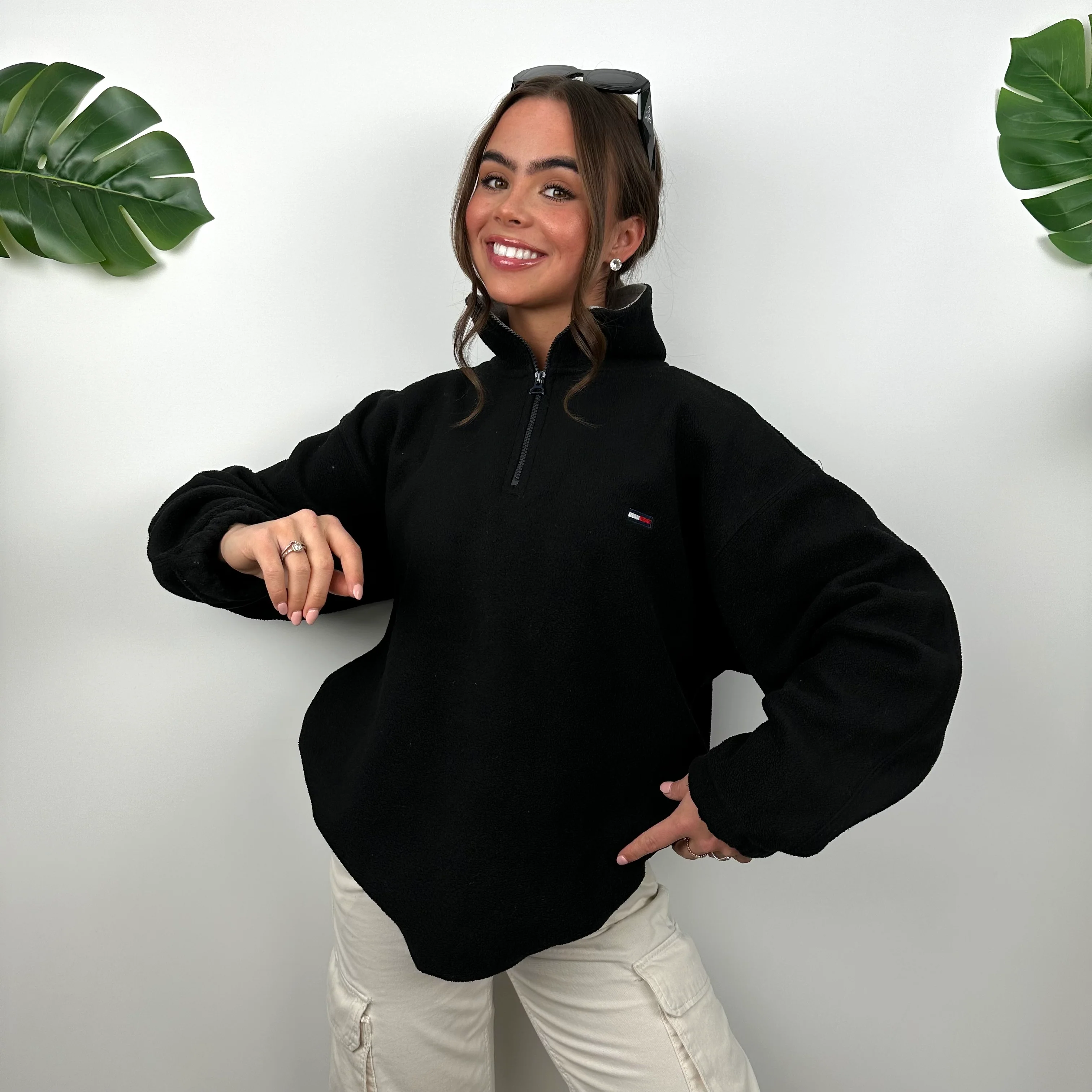 Tommy Hilfiger Black Embroidered Logo Teddy Bear Fleece Quarter Zip Sweatshirt (M) - Image 3