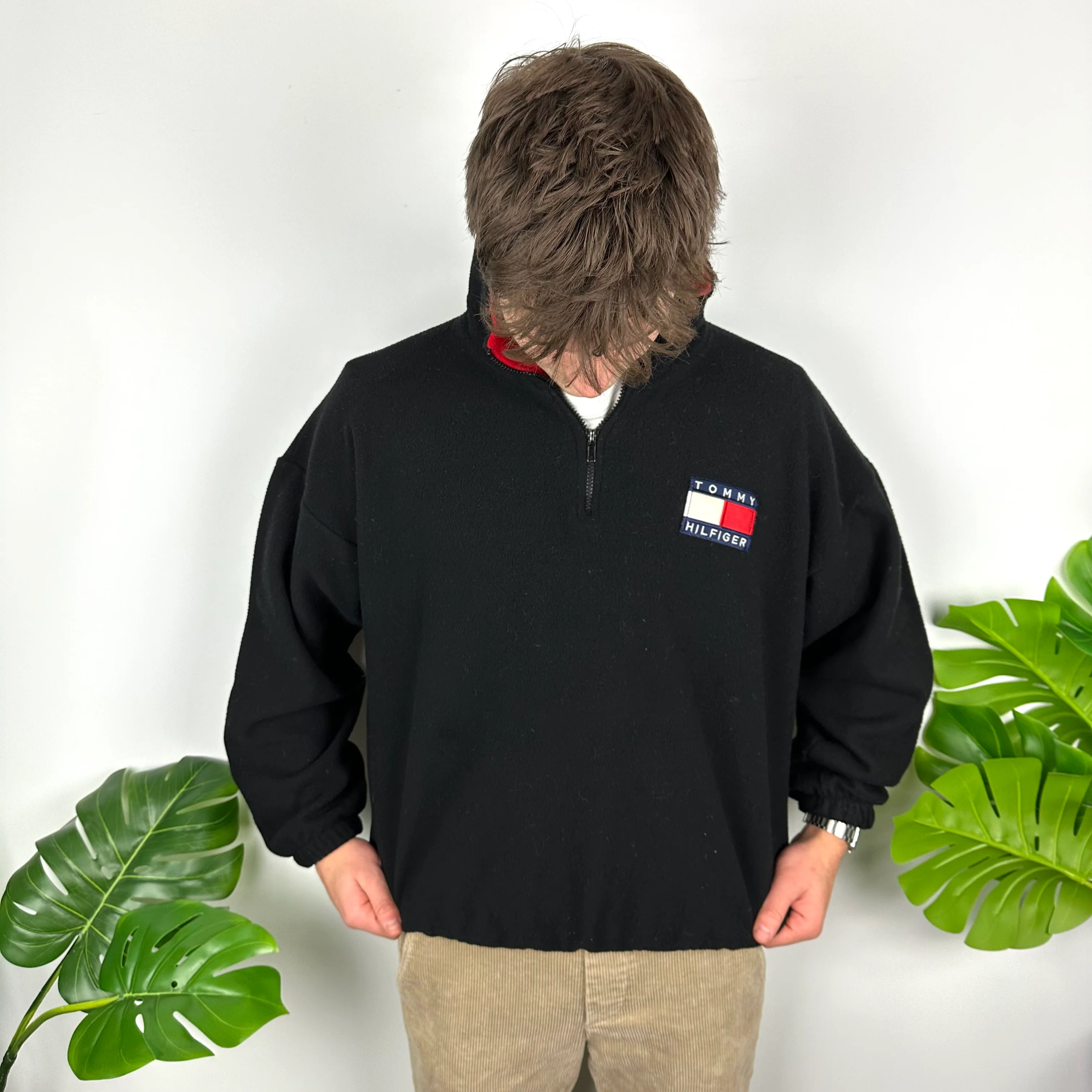 Tommy Hilfiger Black Embroidered Spell Out Teddy Bear Fleece Quarter Zip Sweatshirt (L) - Image 2