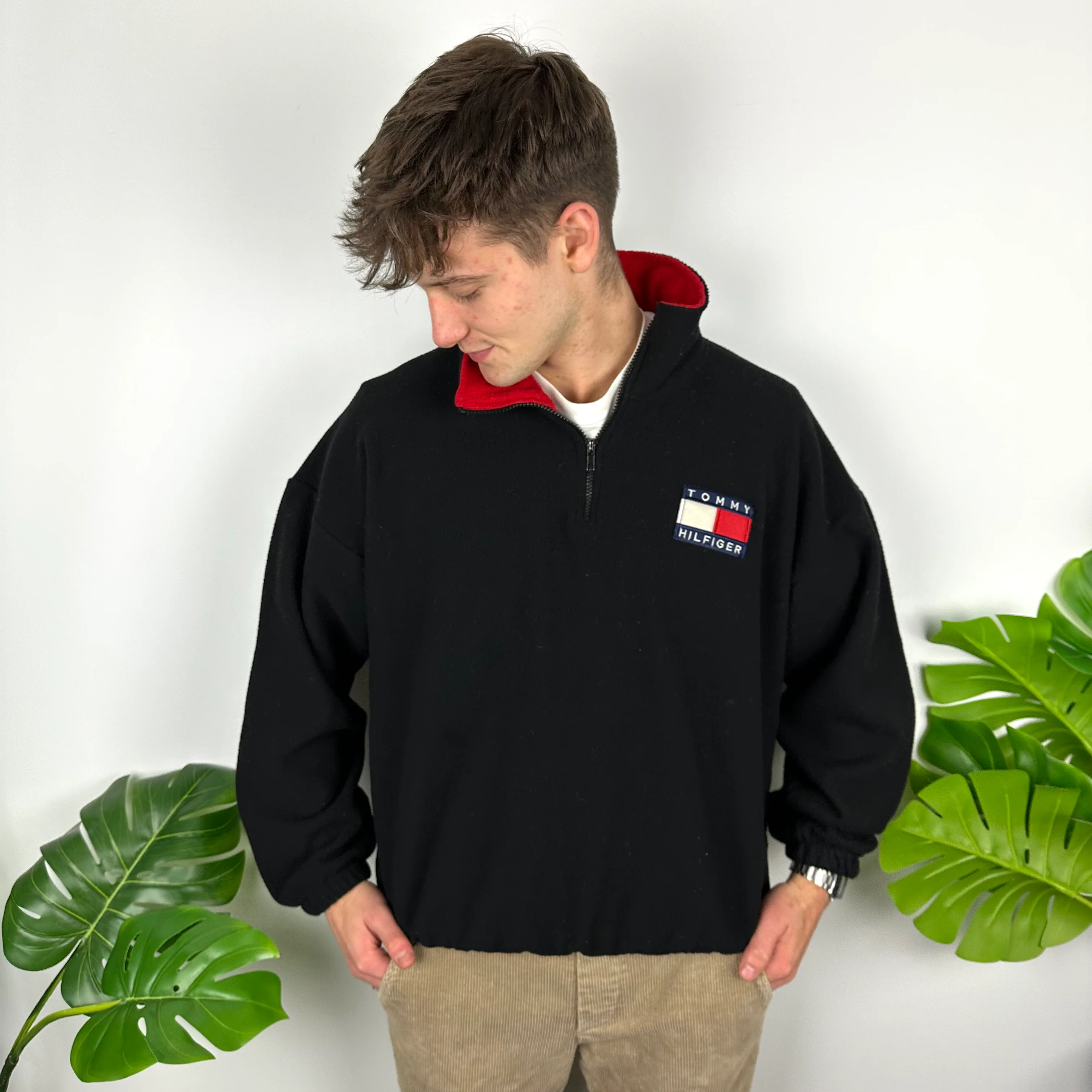 Tommy Hilfiger Black Embroidered Spell Out Teddy Bear Fleece Quarter Zip Sweatshirt (L) - Image 3
