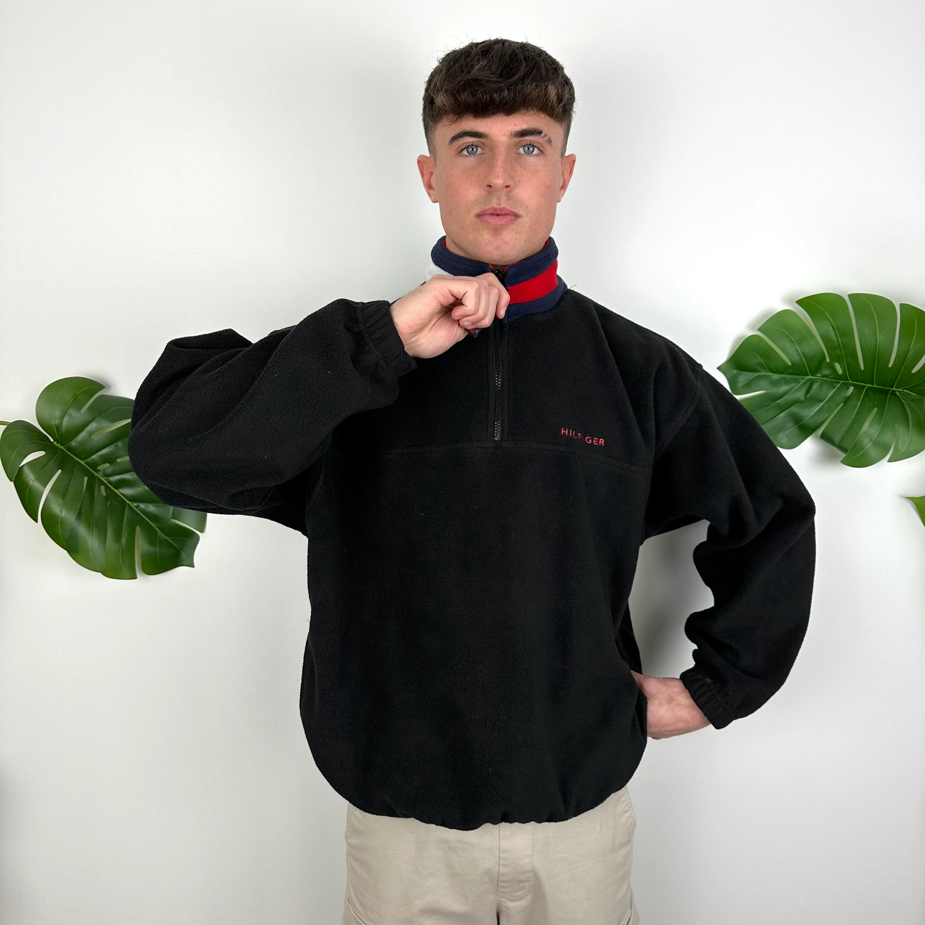 Tommy Hilfiger Black Embroidered Spell Out Teddy Bear Fleece Quarter Zip Sweatshirt (L) - Image 2