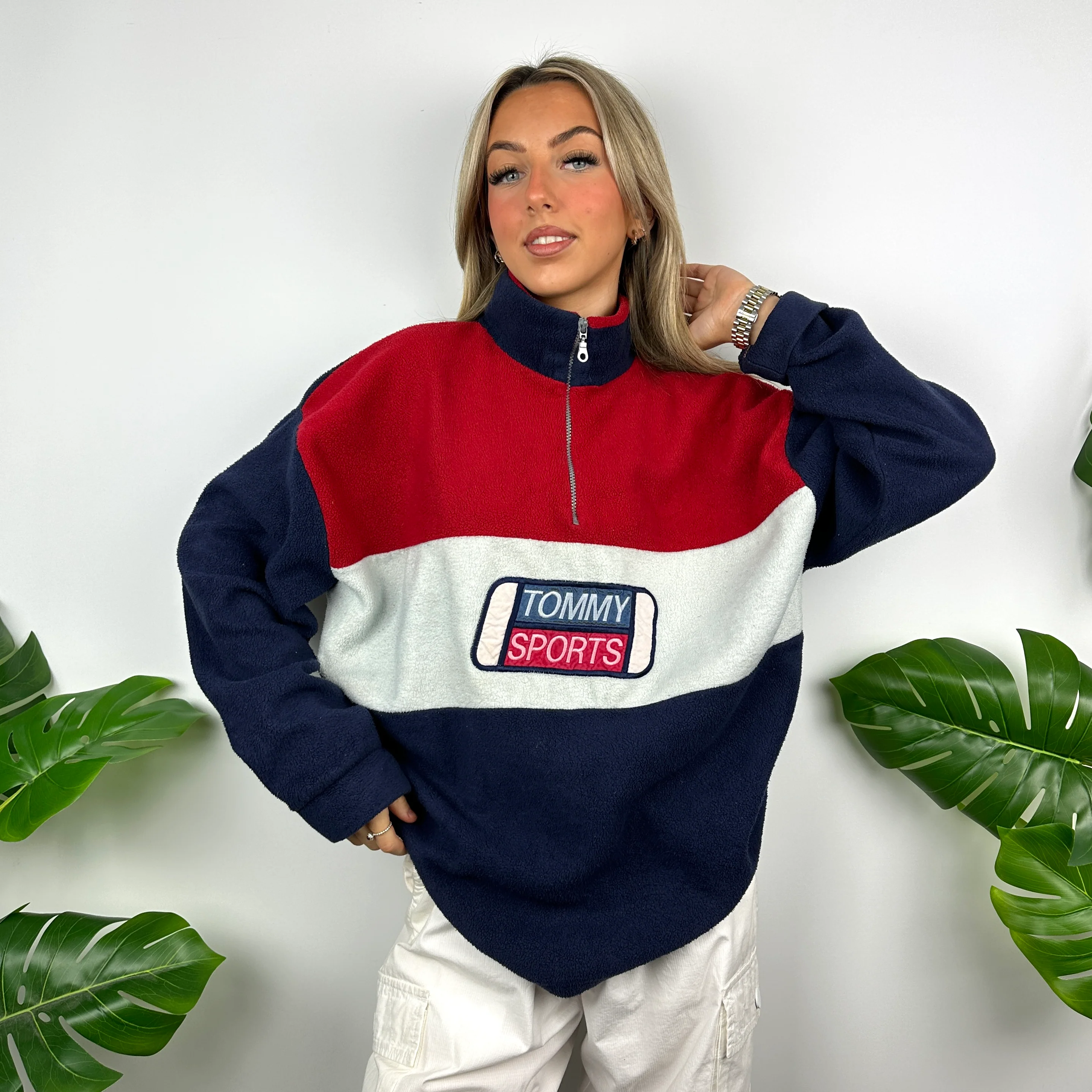 Tommy Hilfiger Colour Block Embroidered Spell Out Teddy Bear Fleece Quarter Zip Sweatshirt (M)