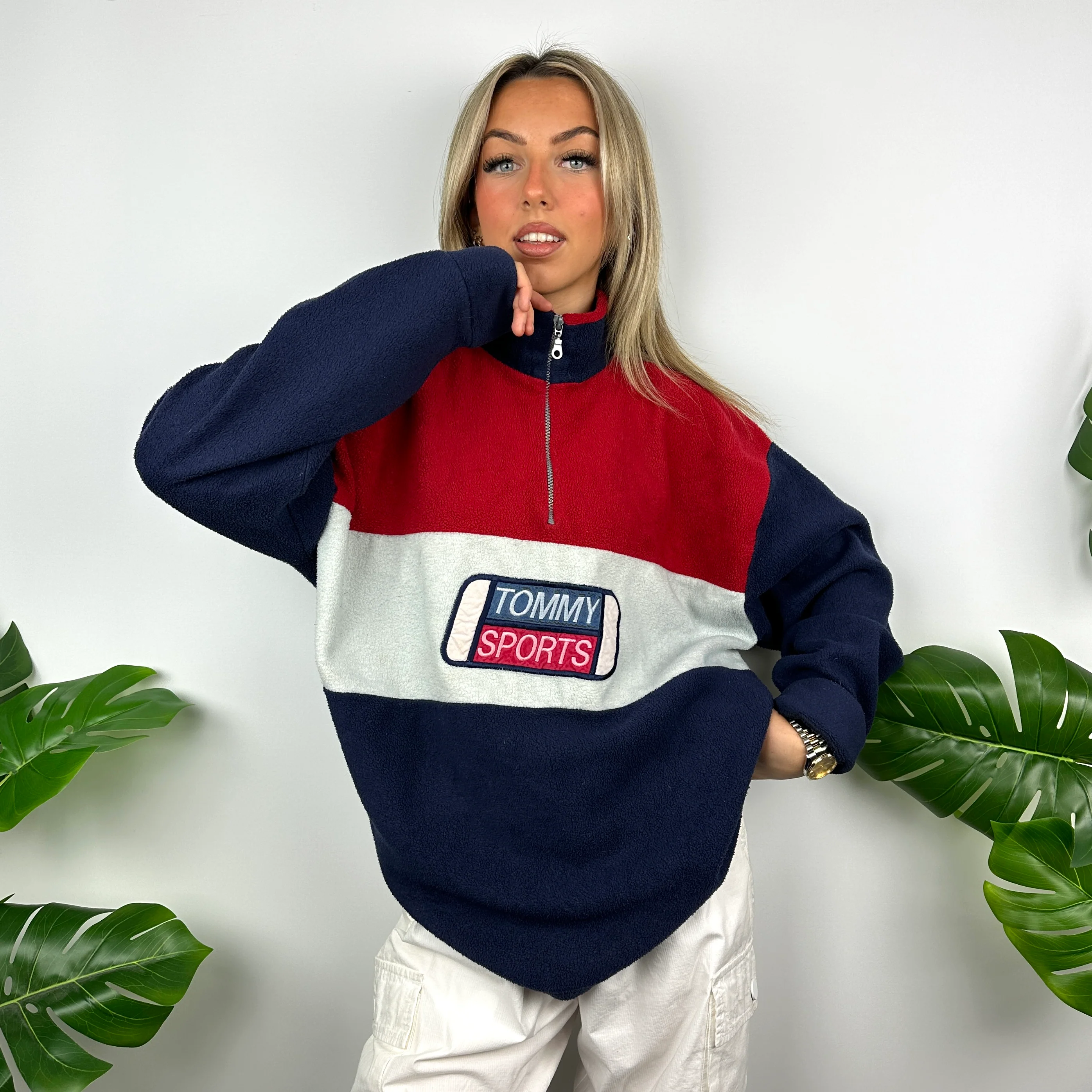 Tommy Hilfiger Colour Block Embroidered Spell Out Teddy Bear Fleece Quarter Zip Sweatshirt (M) - Image 6
