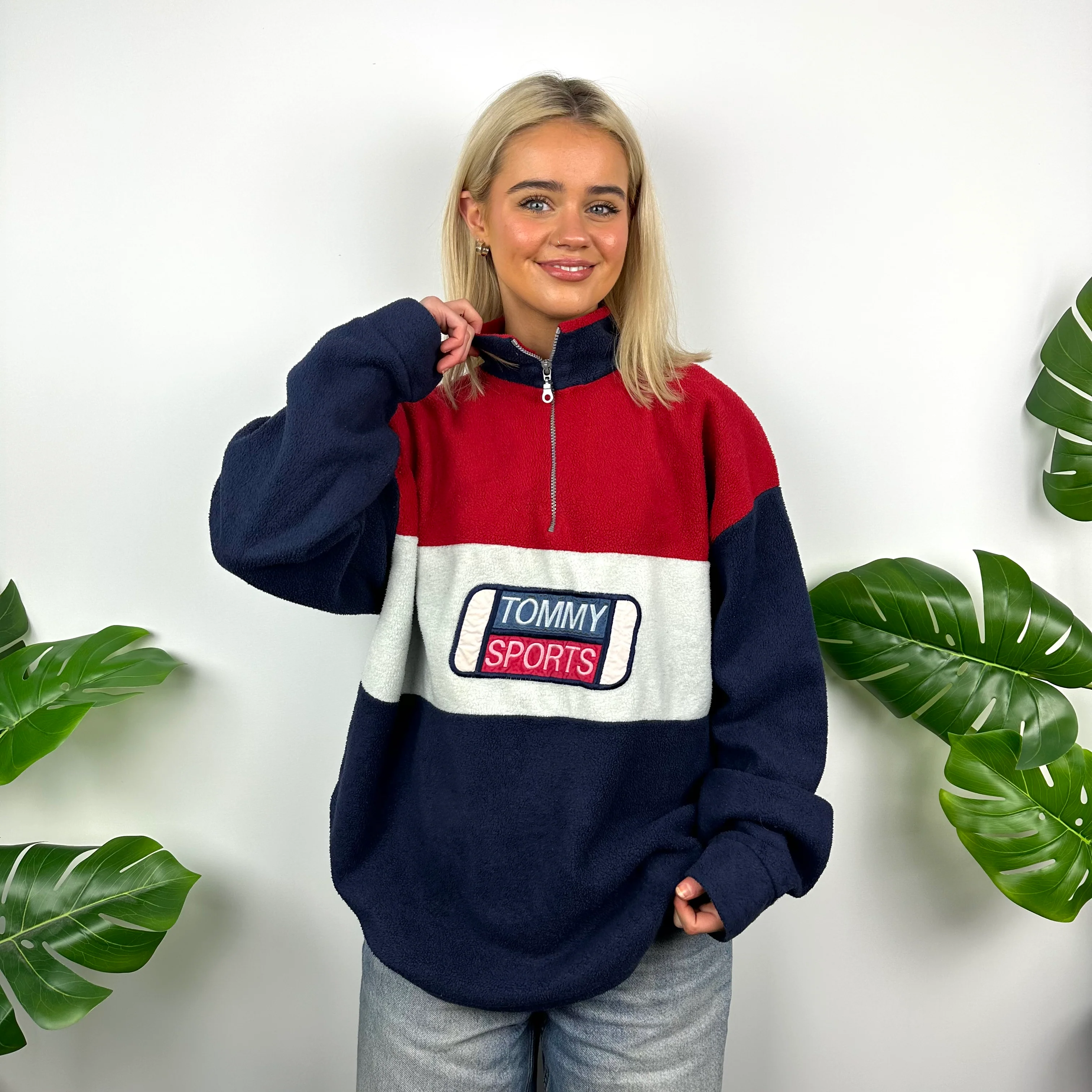 Tommy Hilfiger Colour Block Embroidered Spell Out Teddy Bear Fleece Quarter Zip Sweatshirt (M)