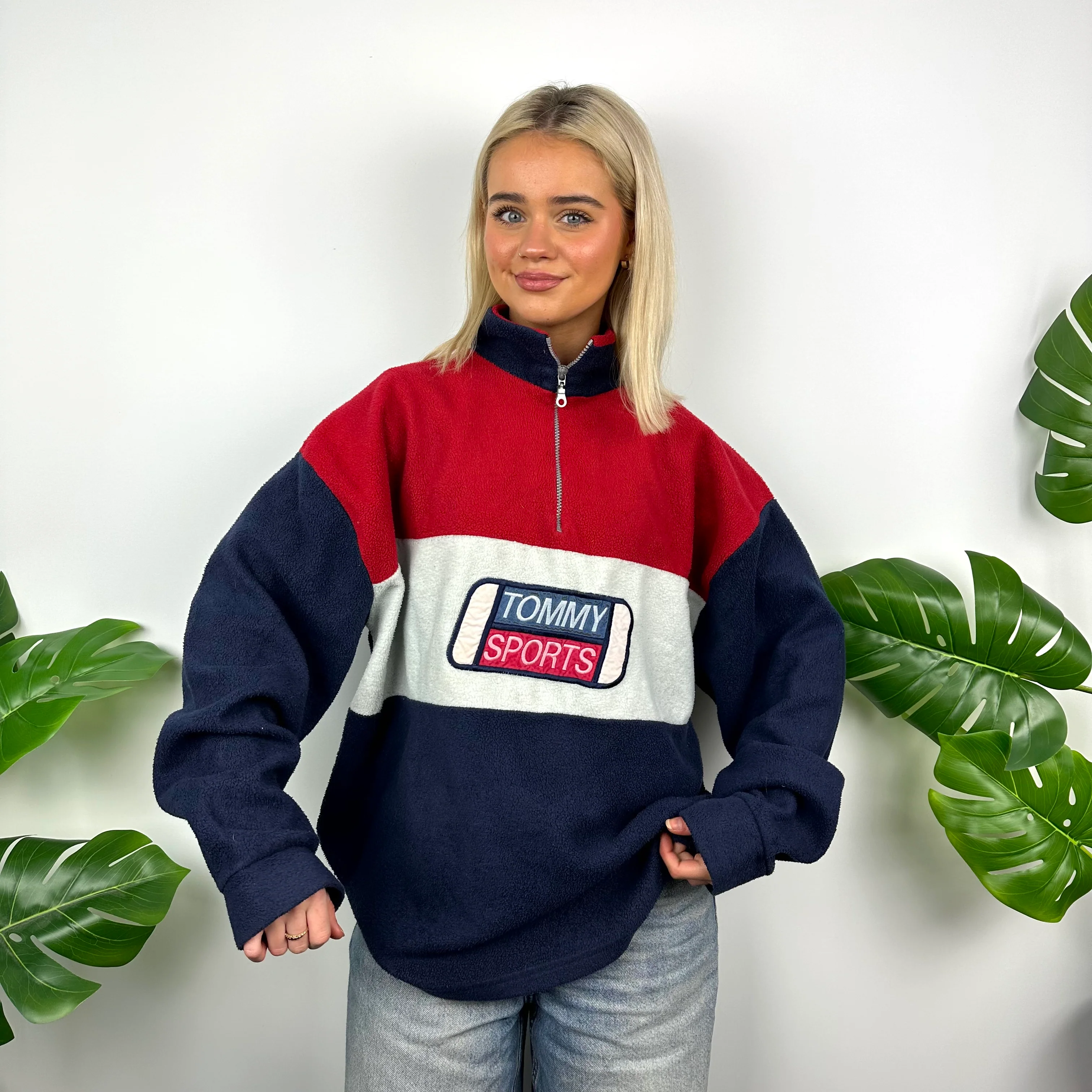 Tommy Hilfiger Colour Block Embroidered Spell Out Teddy Bear Fleece Quarter Zip Sweatshirt (M) - Image 6