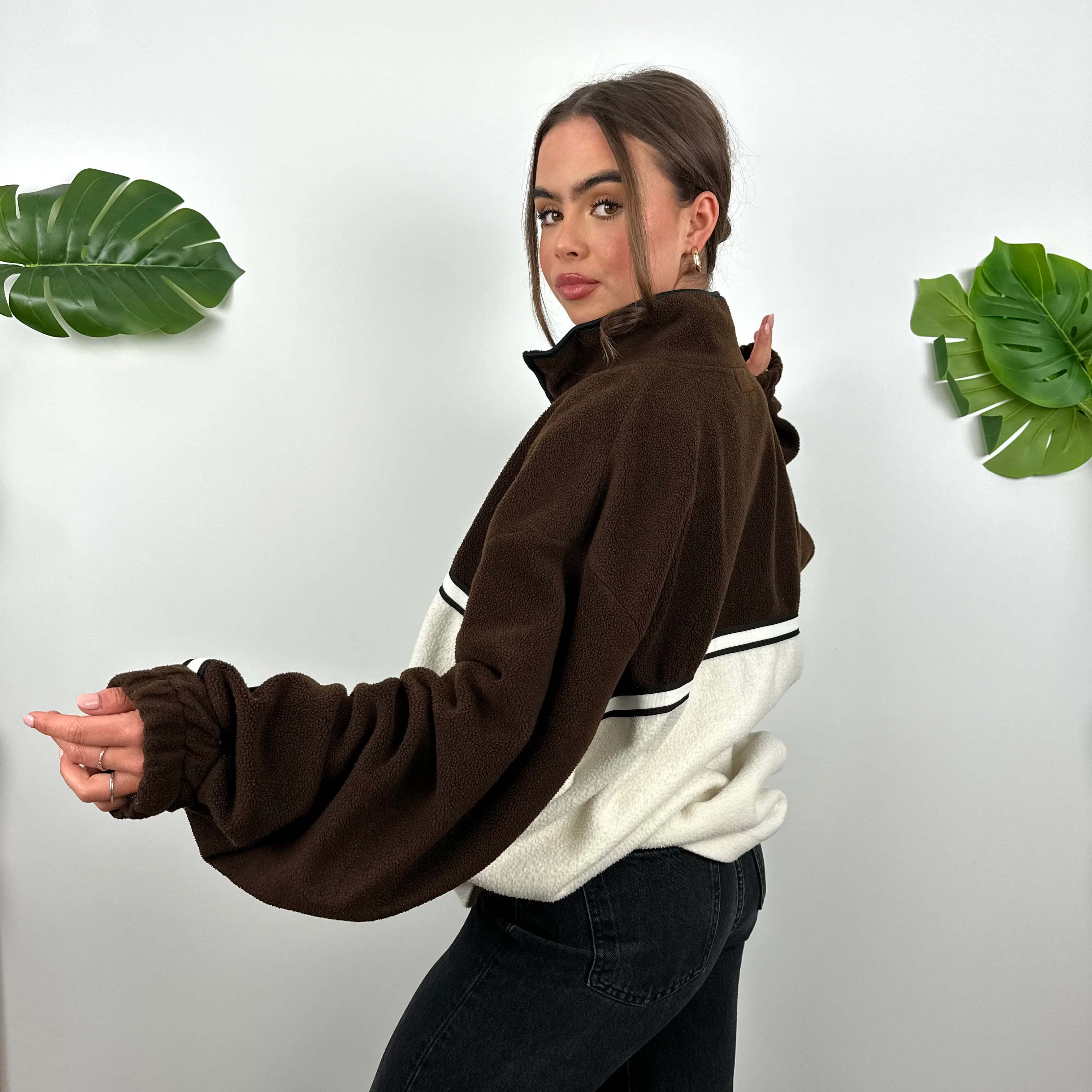 Tommy Hilfiger Cream & Brown Embroidered Spell Out Teddy Bear Fleece Quarter Zip Sweatshirt (XL) - Image 3