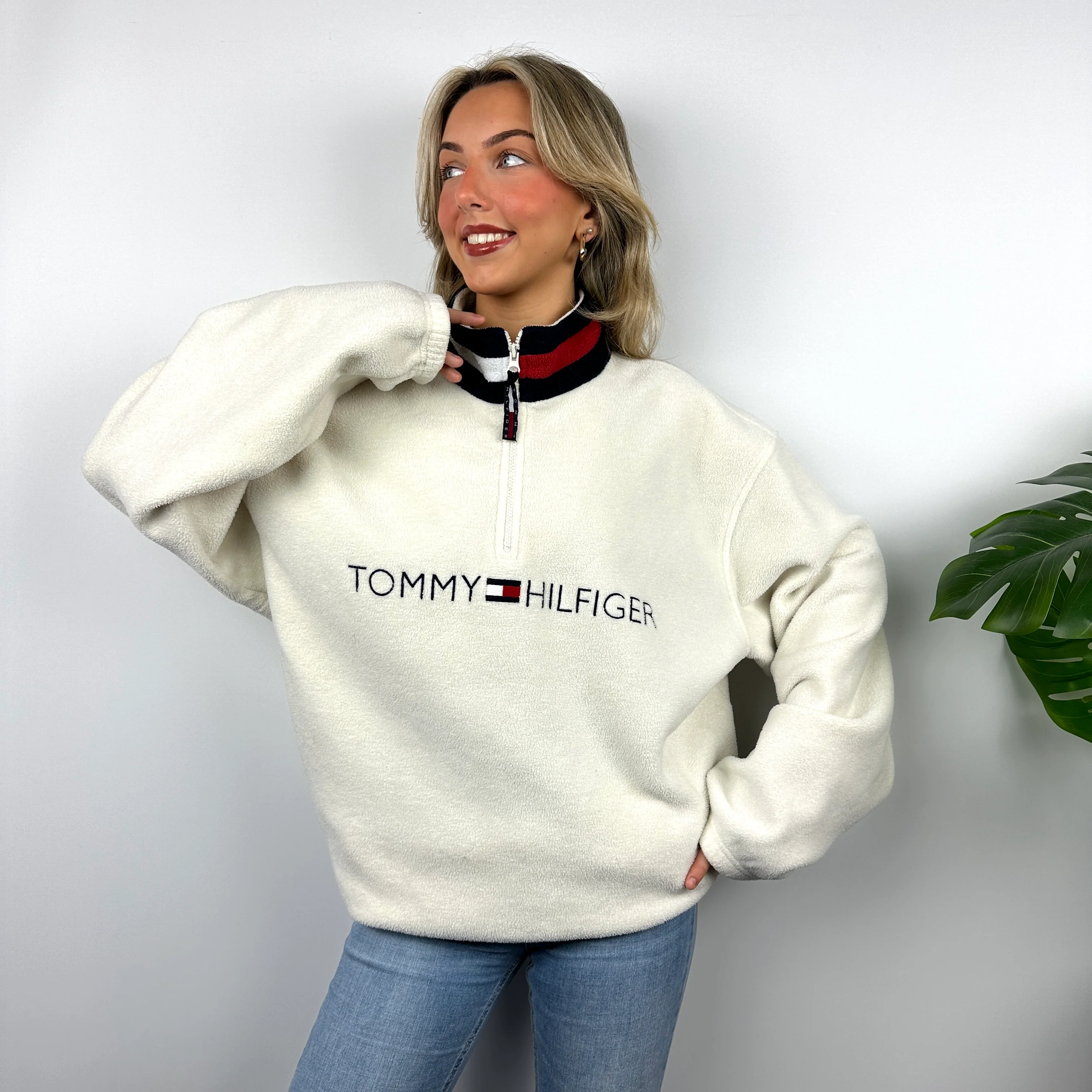 Tommy Hilfiger Cream Embroidered Spell Out Teddy Bear Fleece Quarter Zip Sweatshirt (XL) - Image 6