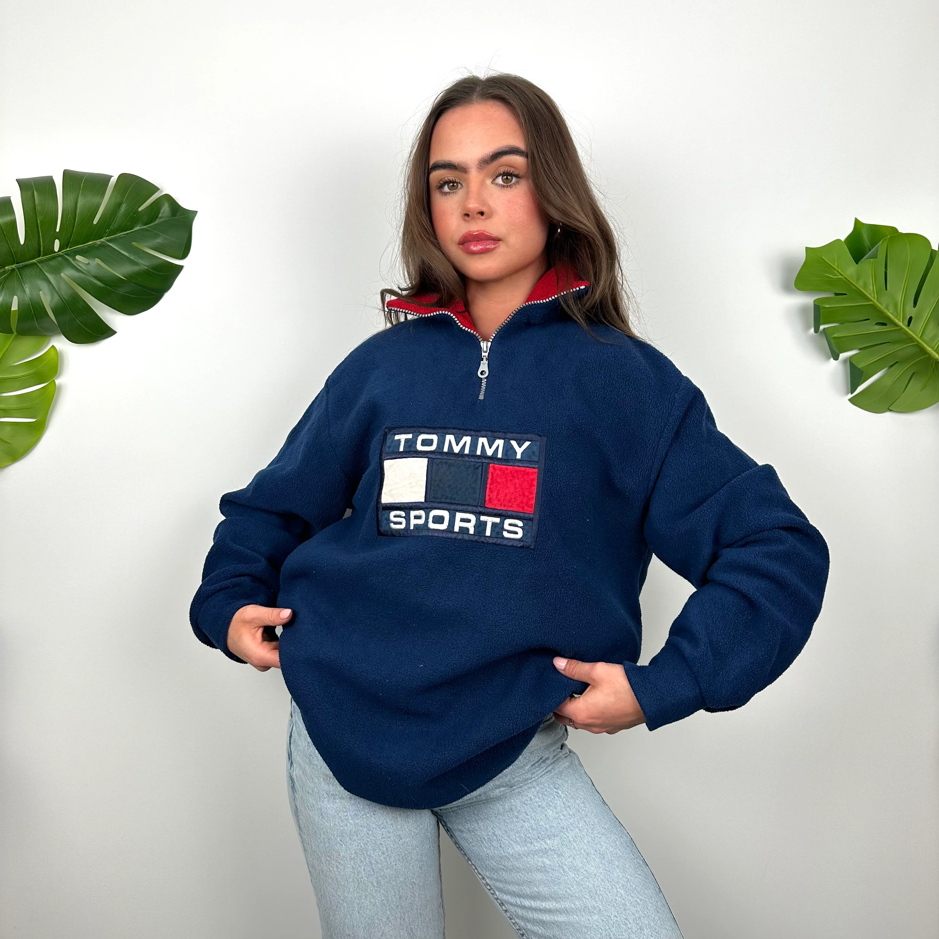 Tommy Hilfiger Embroidered Spell Out Teddy Bear Fleece Quarter Zip Sweatshirt (M)