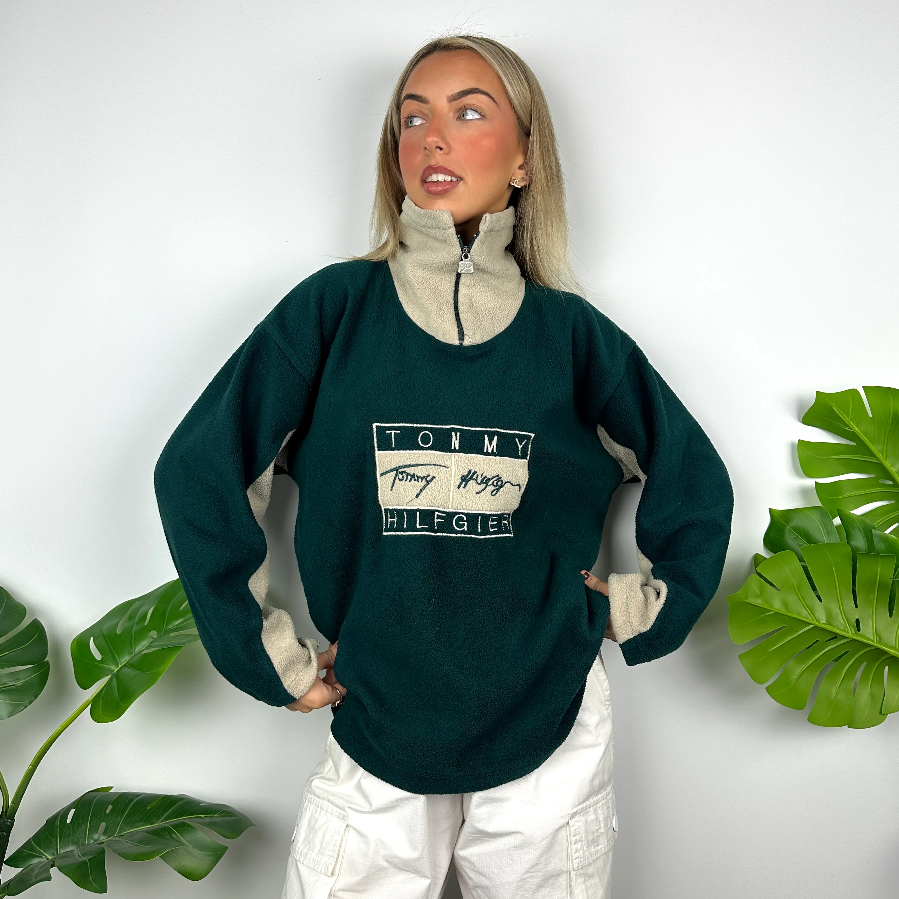 Tommy Hilfiger Green Embroidered Spell Out Teddy Bear Fleece Quarter Zip Sweatshirt (M) - Image 3