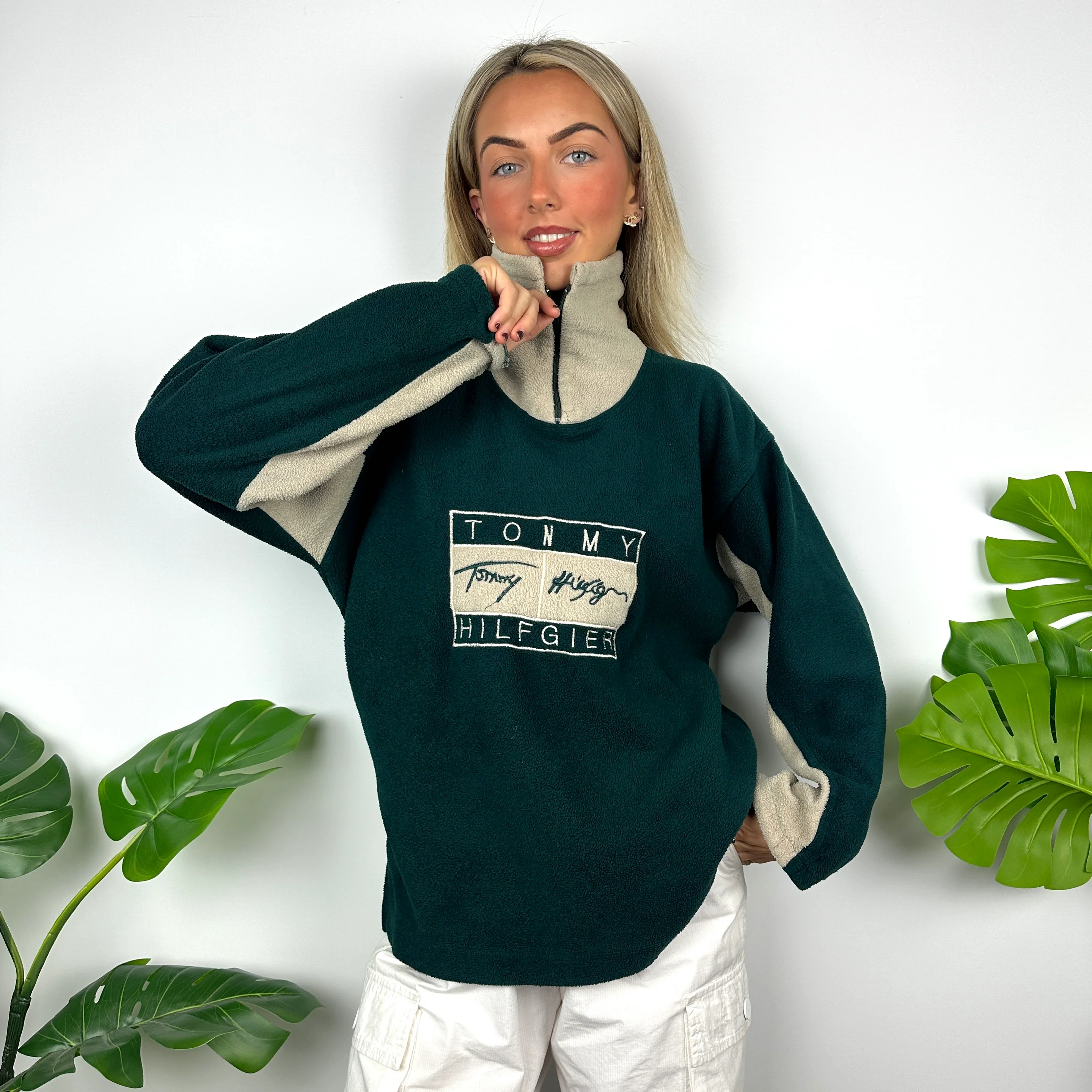 Tommy Hilfiger Green Embroidered Spell Out Teddy Bear Fleece Quarter Zip Sweatshirt (M) - Image 5