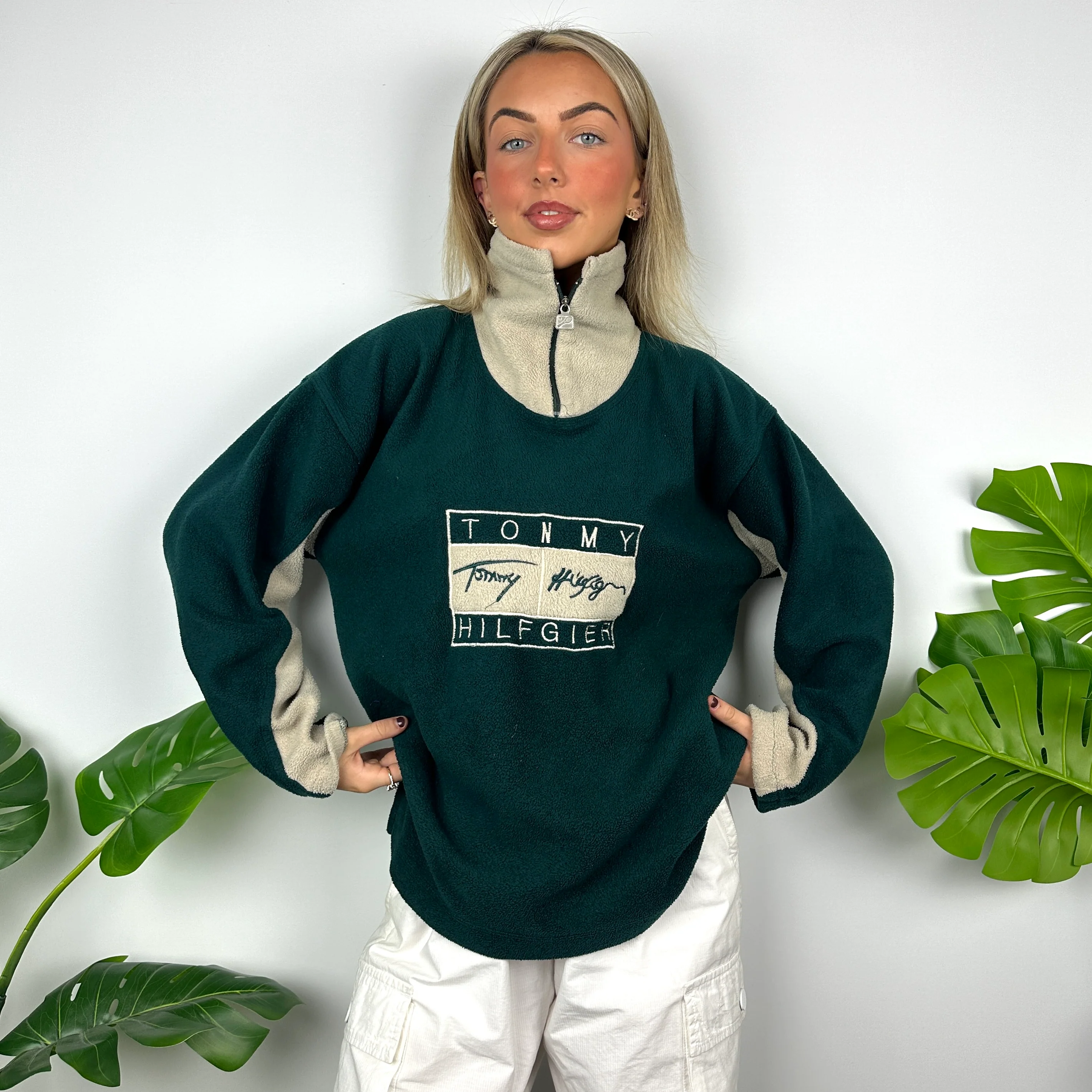 Tommy Hilfiger Green Embroidered Spell Out Teddy Bear Fleece Quarter Zip Sweatshirt (M) - Image 6