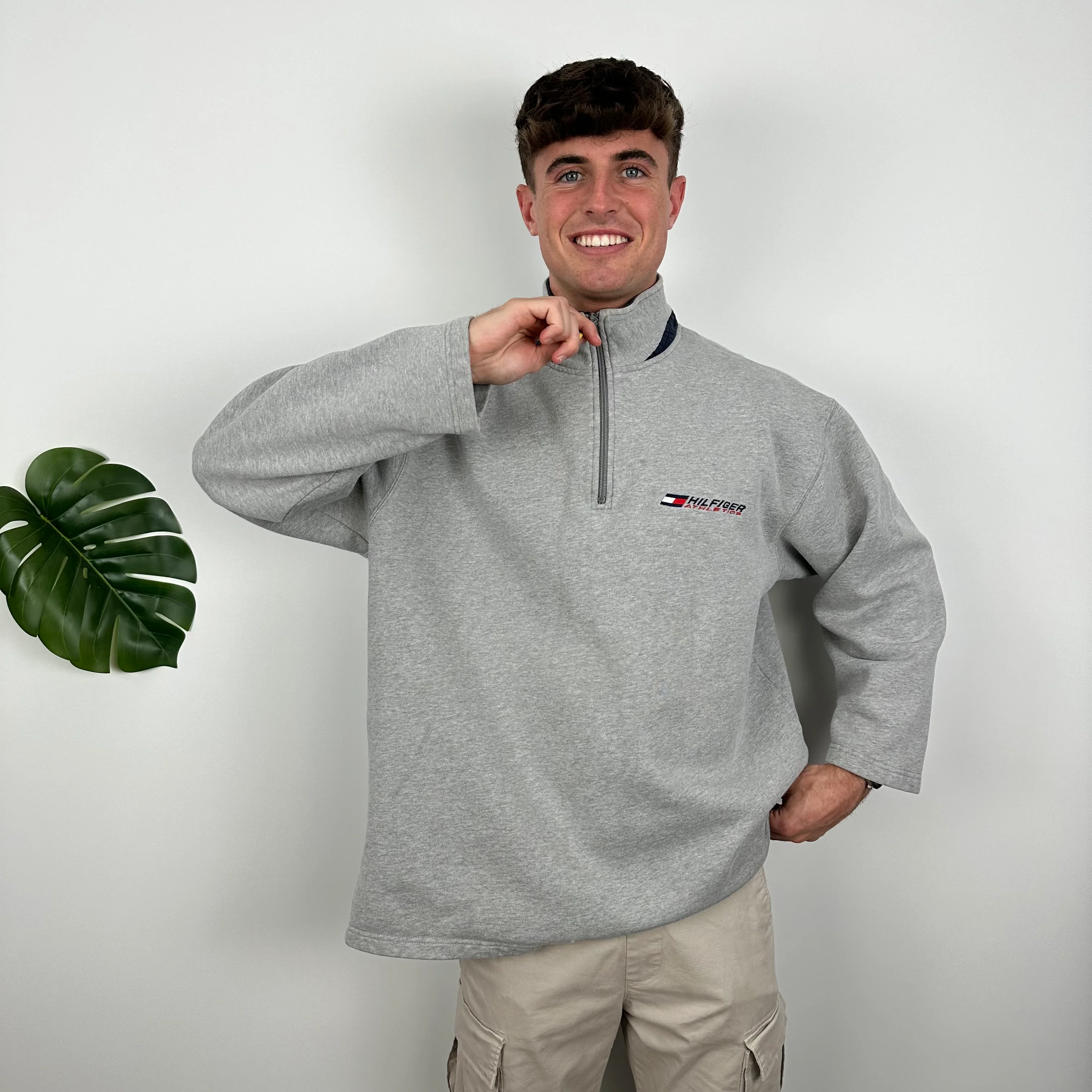 Tommy Hilfiger Grey Embroidered Spell Out Quarter Zip Sweatshirt (L) - Image 3