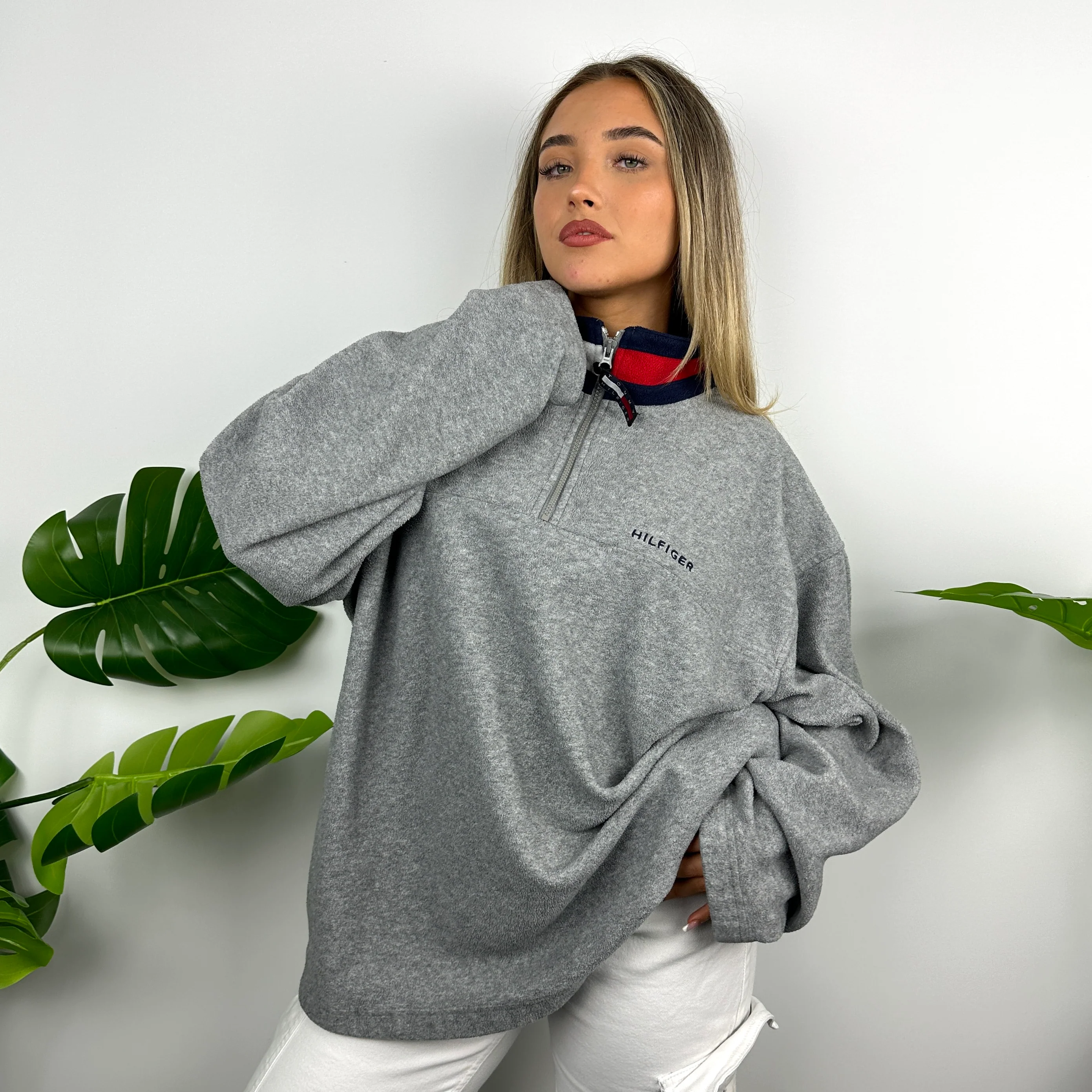 Tommy Hilfiger Grey Embroidered Spell Out Teddy Bear Fleece Quarter Zip Sweatshirt (XL) - Image 3