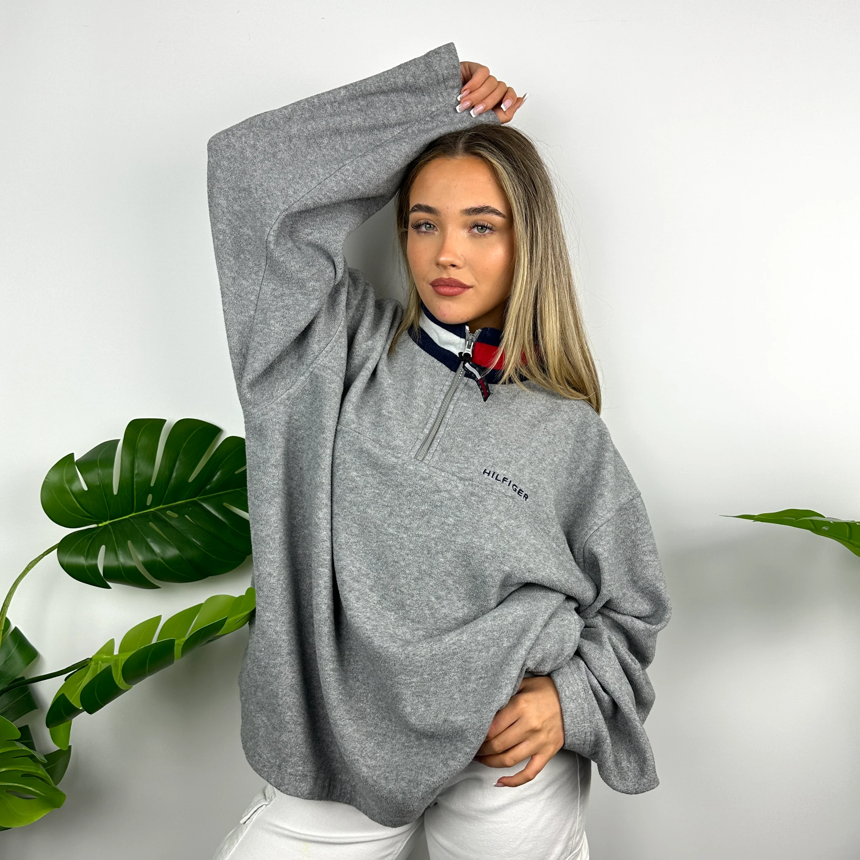 Tommy Hilfiger Grey Embroidered Spell Out Teddy Bear Fleece Quarter Zip Sweatshirt (XL) - Image 5