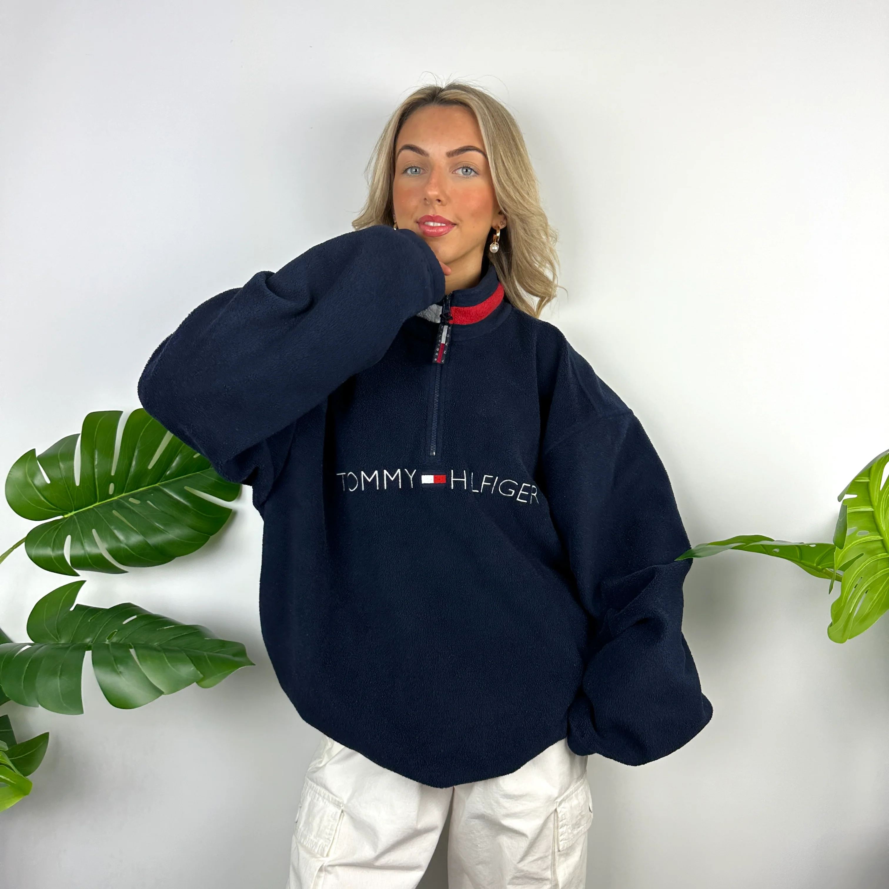 Tommy Hilfiger Navy Embroidered Spell Out Teddy Bear Fleece Quarter Zip Sweatshirt (XL) - Image 3