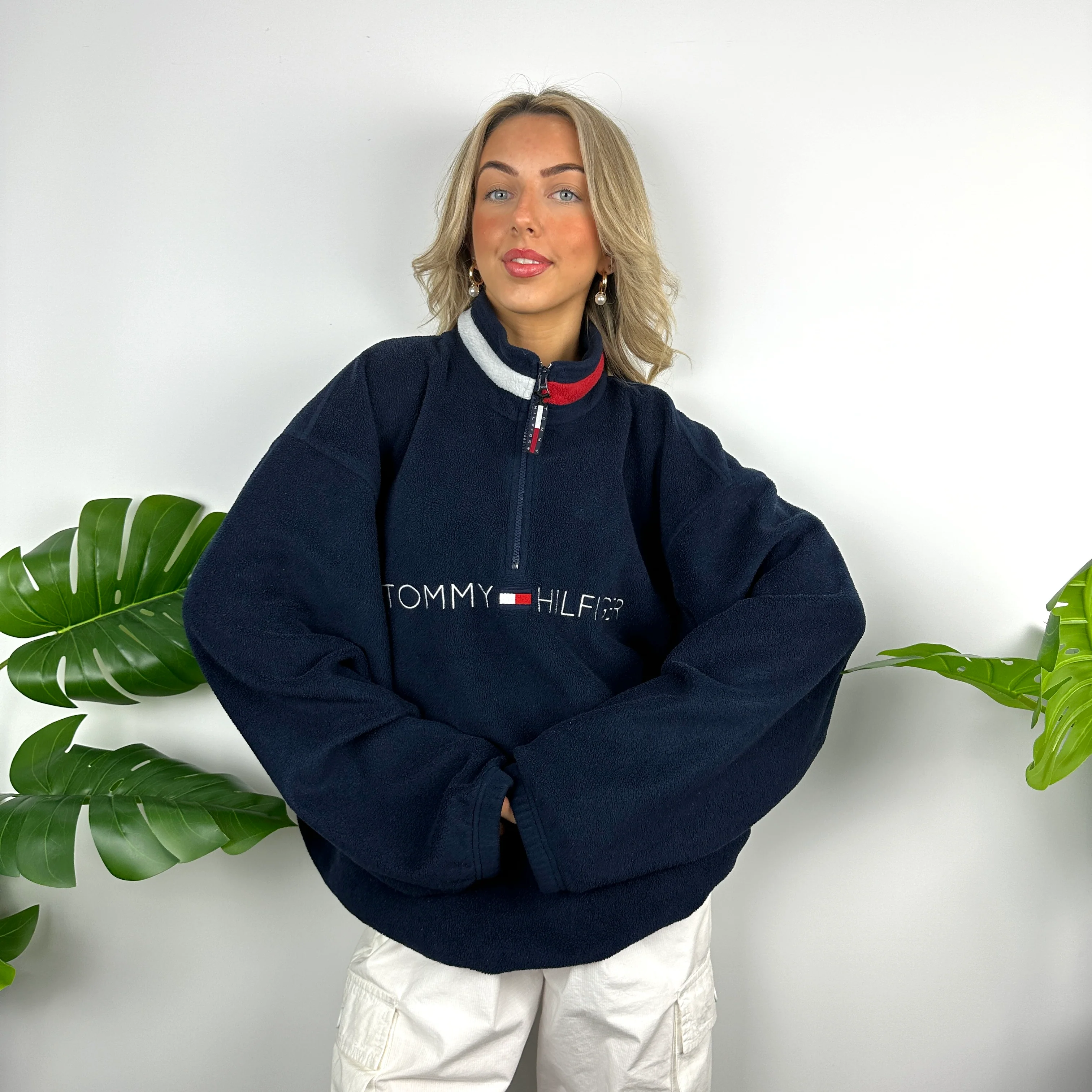 Tommy Hilfiger Navy Embroidered Spell Out Teddy Bear Fleece Quarter Zip Sweatshirt (XL) - Image 4