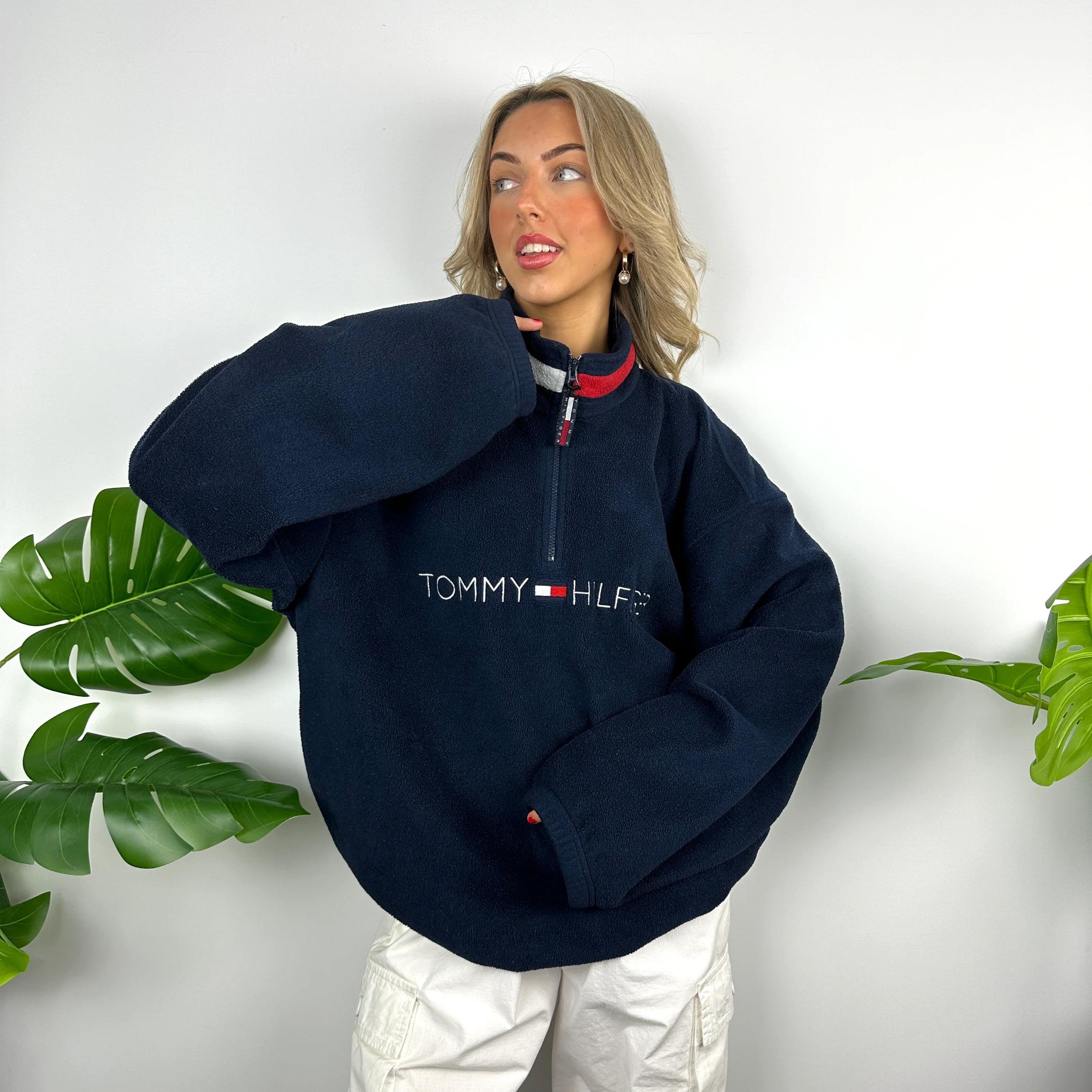 Tommy Hilfiger Navy Embroidered Spell Out Teddy Bear Fleece Quarter Zip Sweatshirt (XL) - Image 5