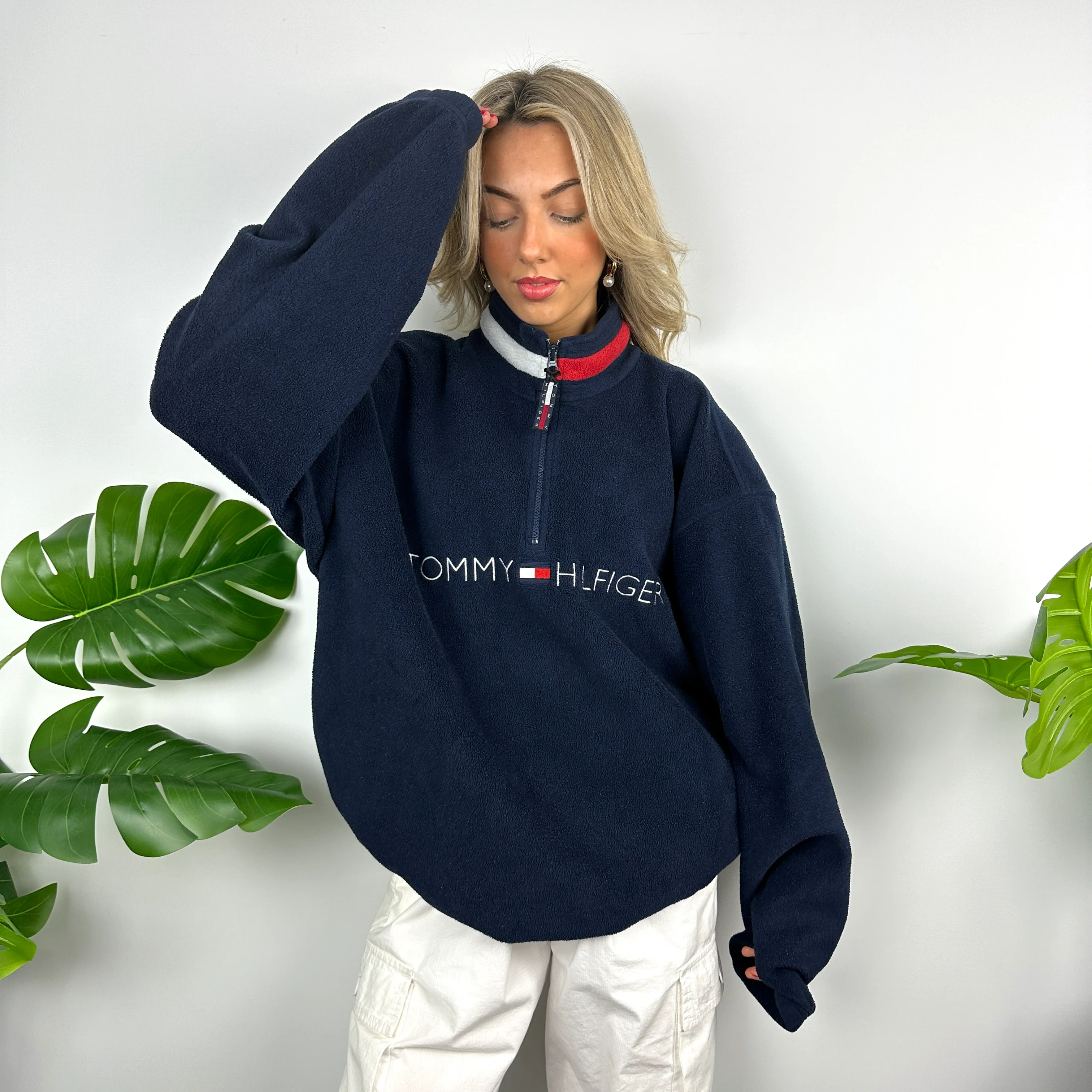 Tommy Hilfiger Navy Embroidered Spell Out Teddy Bear Fleece Quarter Zip Sweatshirt (XL) - Image 6