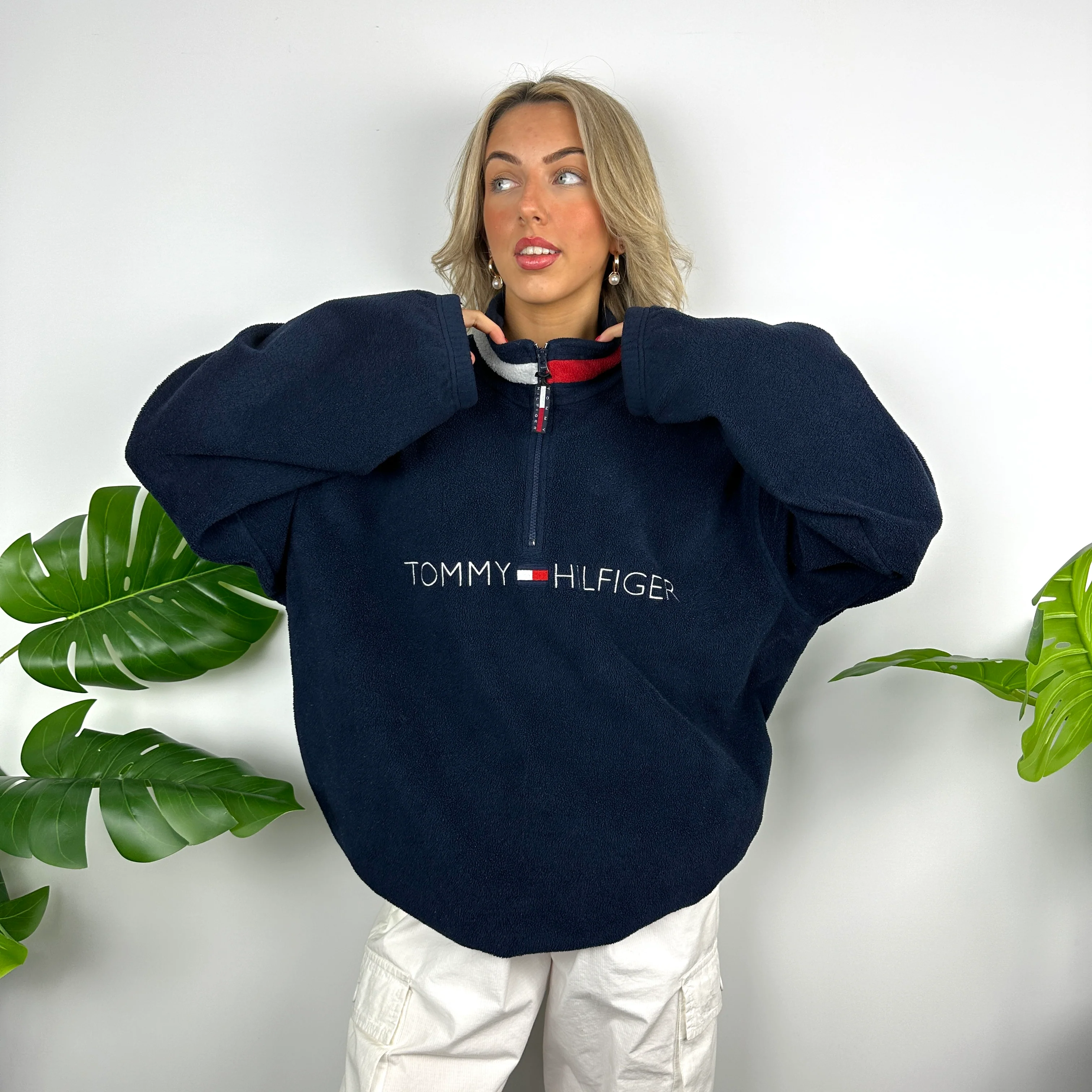 Tommy Hilfiger Navy Embroidered Spell Out Teddy Bear Fleece Quarter Zip Sweatshirt (XL) - Image 7