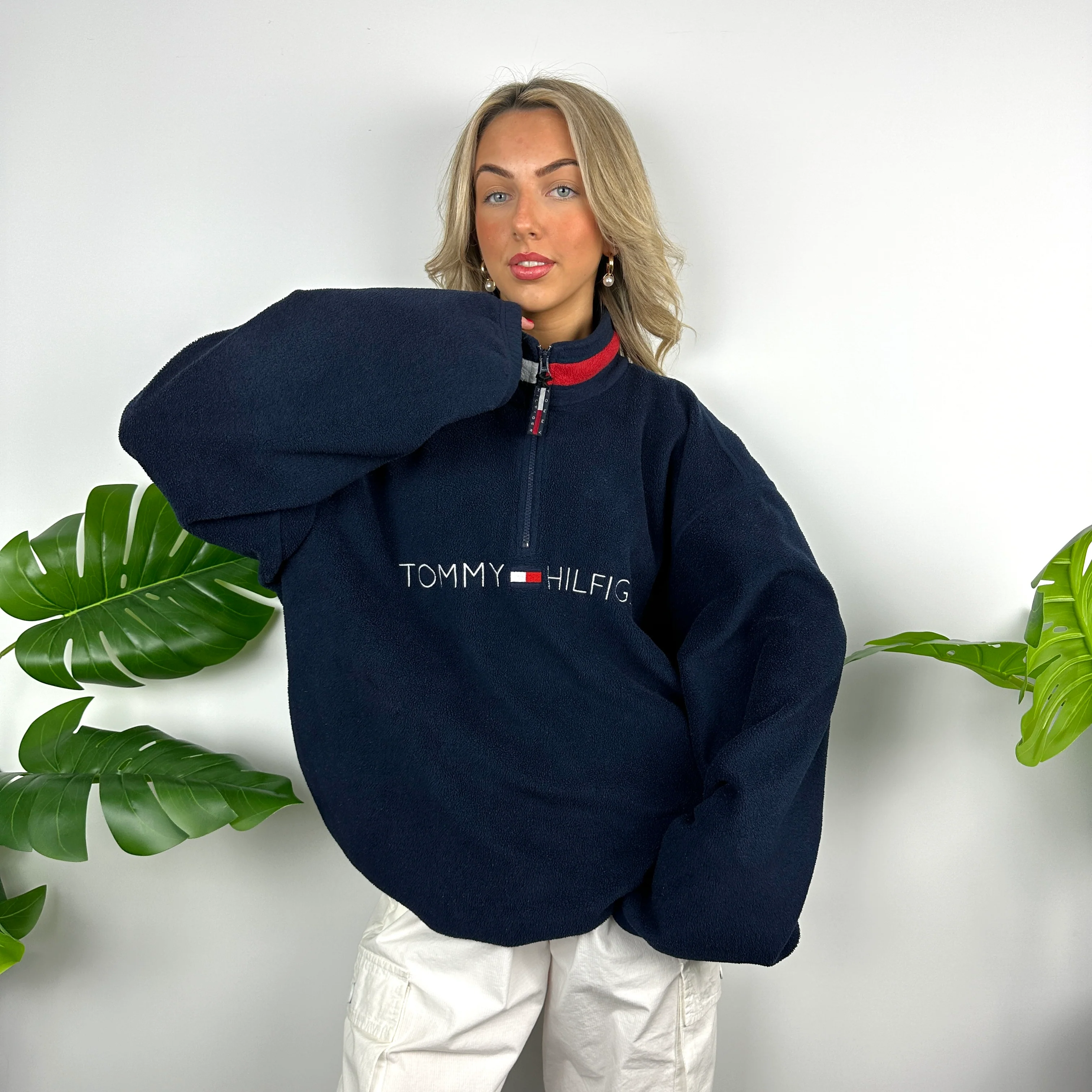 Tommy Hilfiger Navy Embroidered Spell Out Teddy Bear Fleece Quarter Zip Sweatshirt (XL) - Image 8
