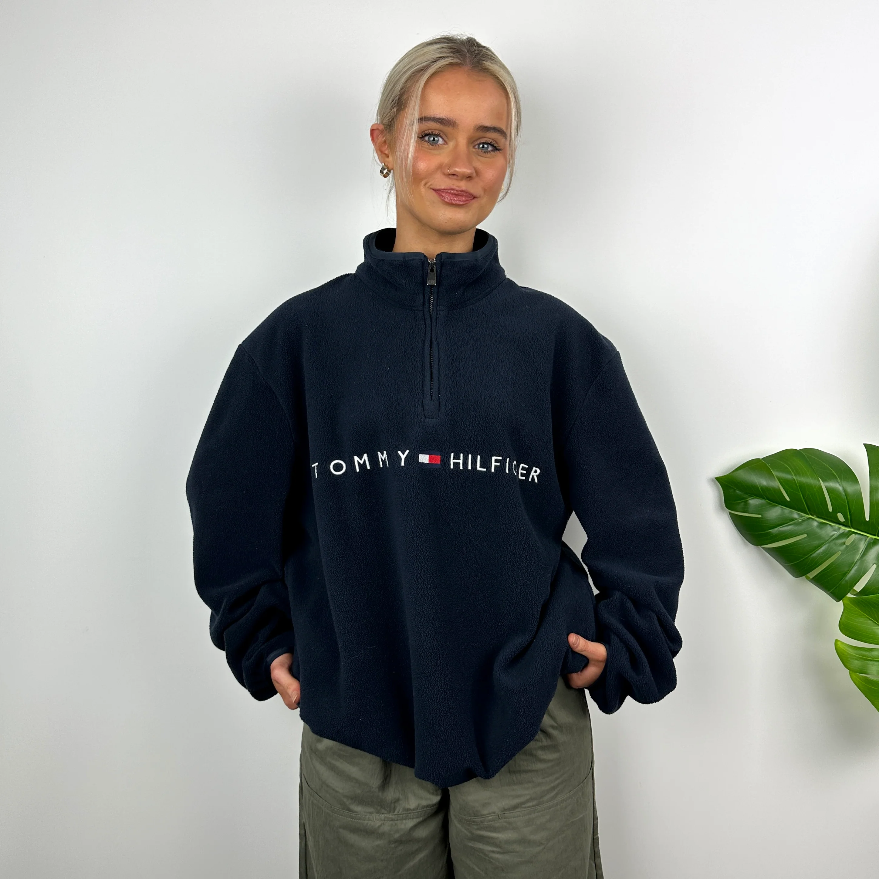 Tommy Hilfiger Navy Embroidered Spell Out Teddy Bear Fleece Quarter Zip Sweatshirt (L) - Image 2
