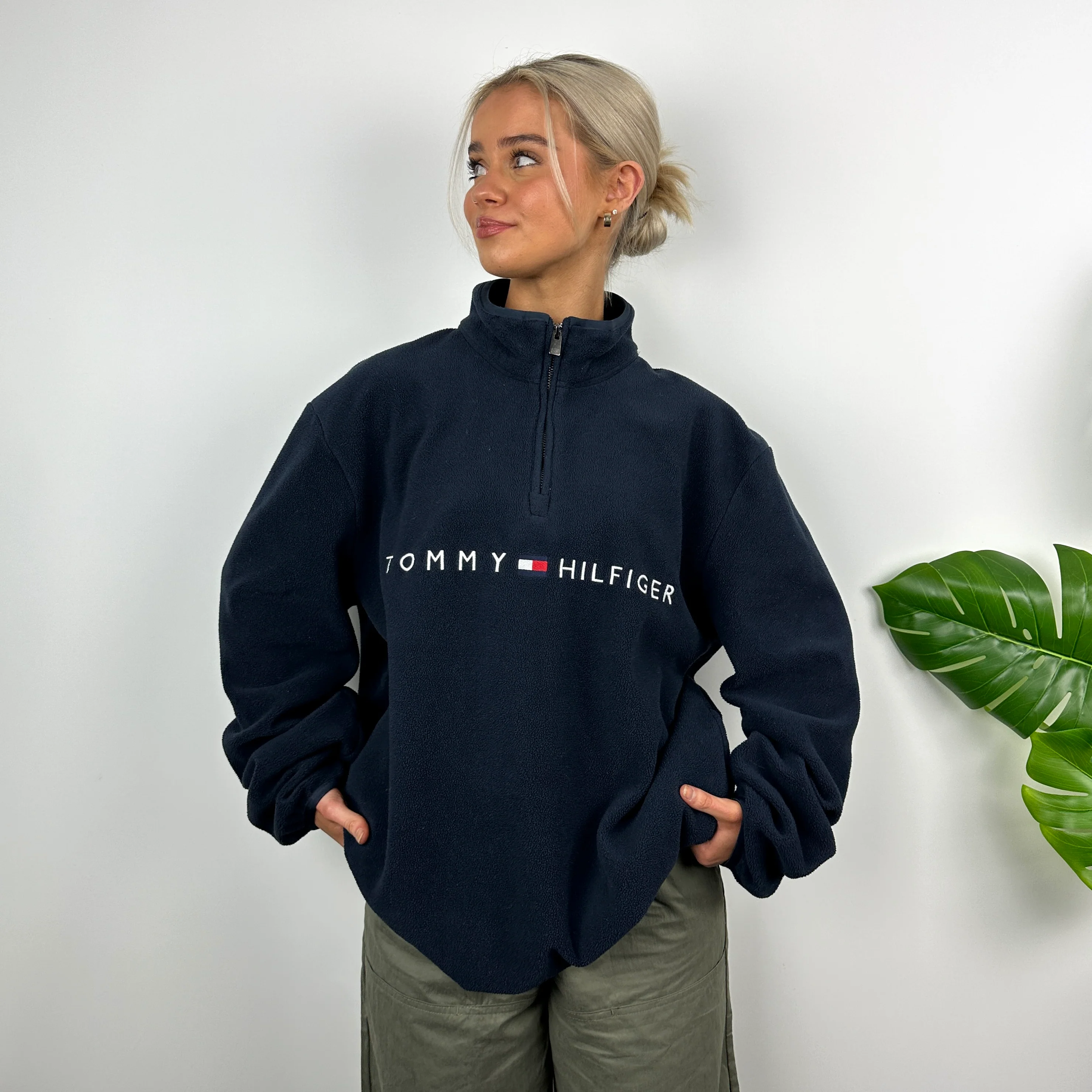 Tommy Hilfiger Navy Embroidered Spell Out Teddy Bear Fleece Quarter Zip Sweatshirt (L) - Image 3