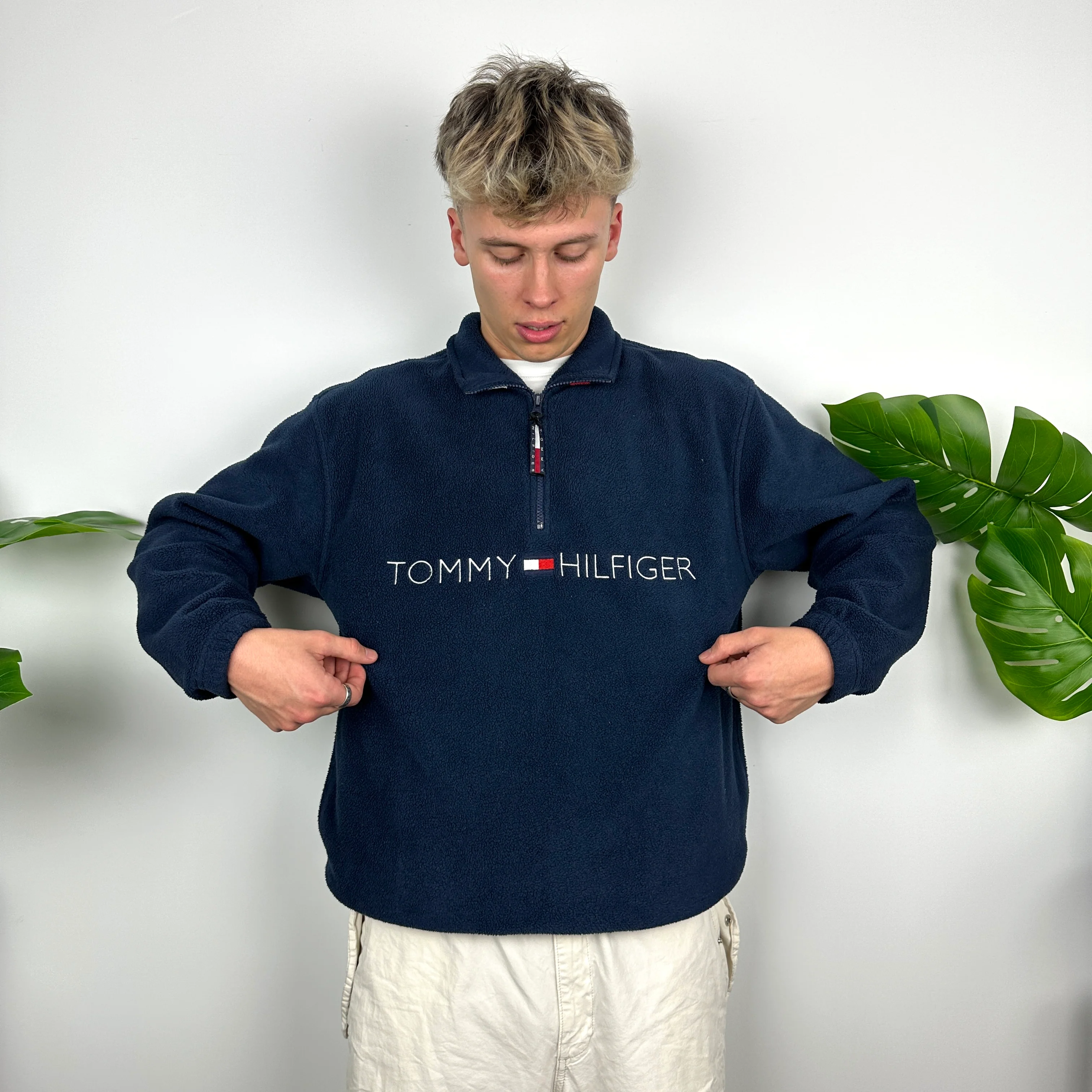 Tommy Hilfiger Navy Embroidered Spell Out Teddy Bear Fleece Quarter Zip Sweatshirt (M) - Image 2