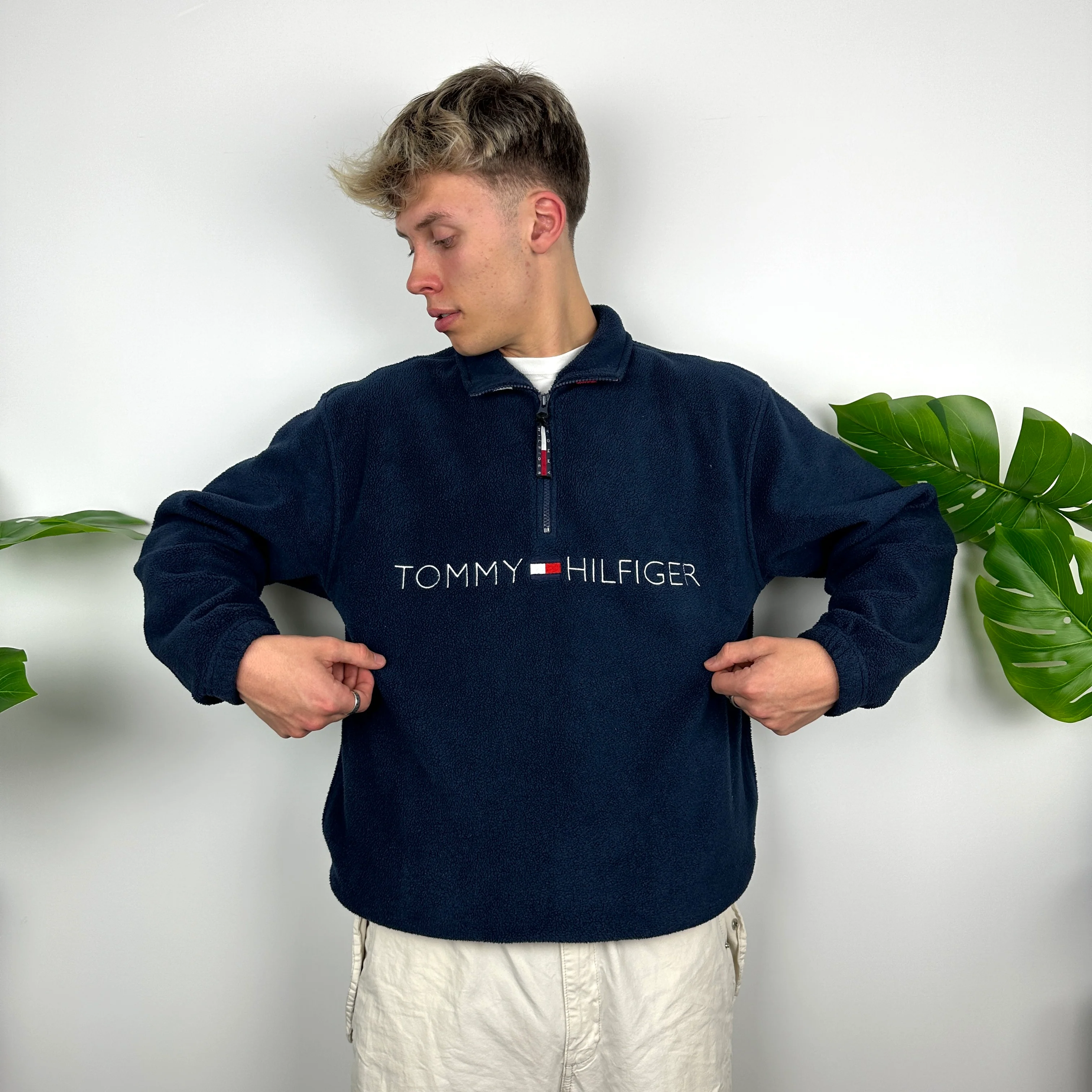 Tommy Hilfiger Navy Embroidered Spell Out Teddy Bear Fleece Quarter Zip Sweatshirt (M) - Image 3