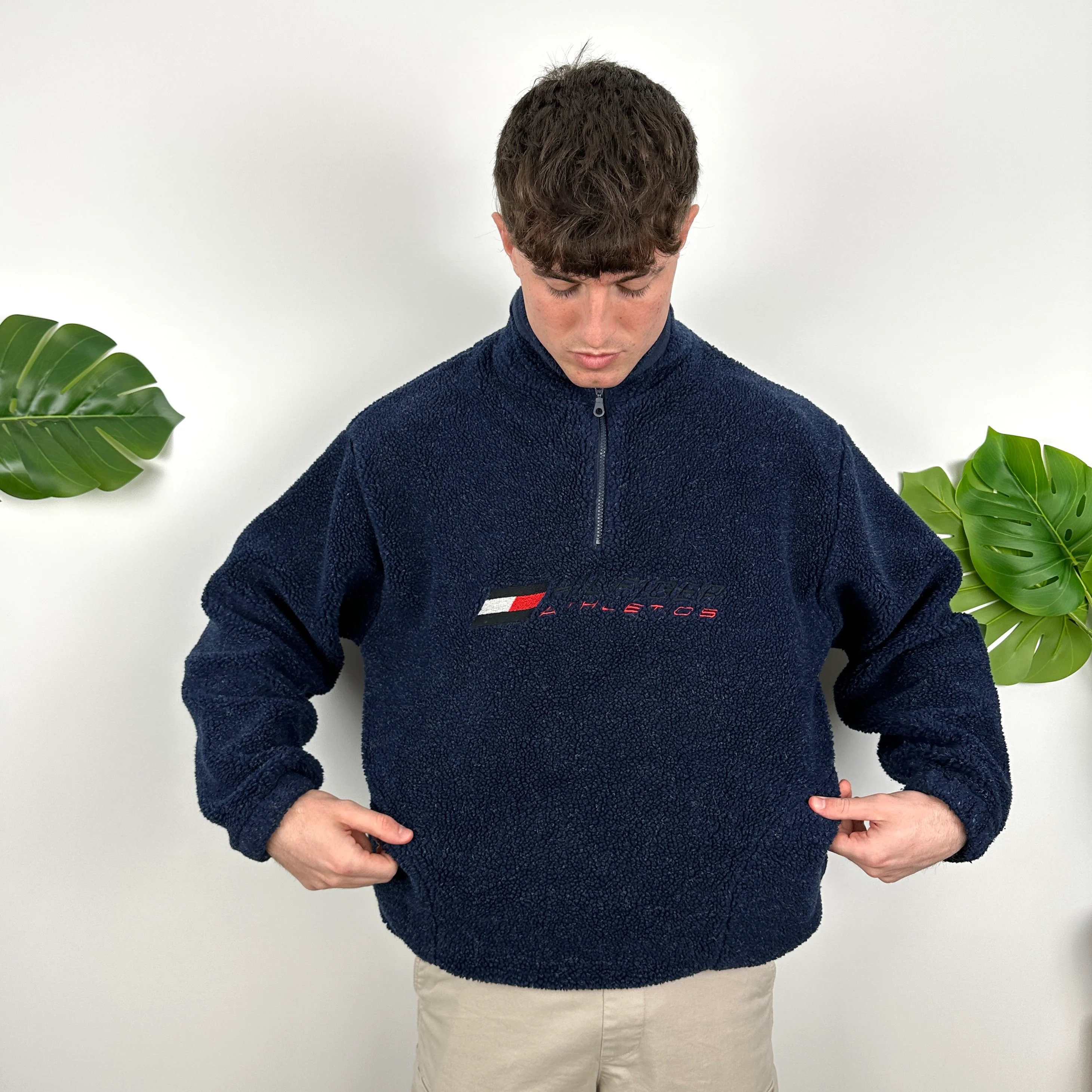 Tommy Hilfiger Navy Embroidered Spell Out Teddy Bear Sherpa Fleece Quarter Zip Sweatshirt (L) - Image 2