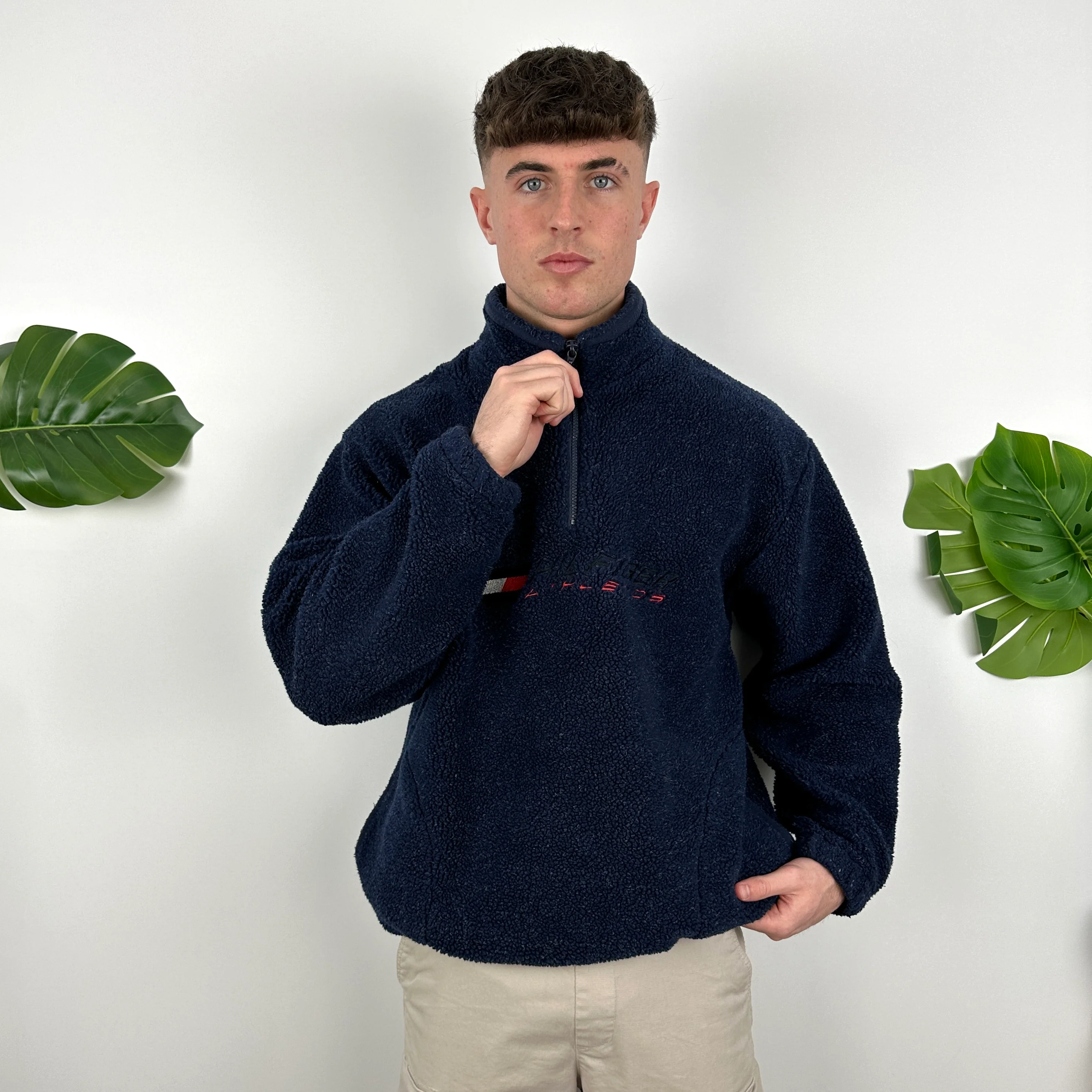 Tommy Hilfiger Navy Embroidered Spell Out Teddy Bear Sherpa Fleece Quarter Zip Sweatshirt (L) - Image 3