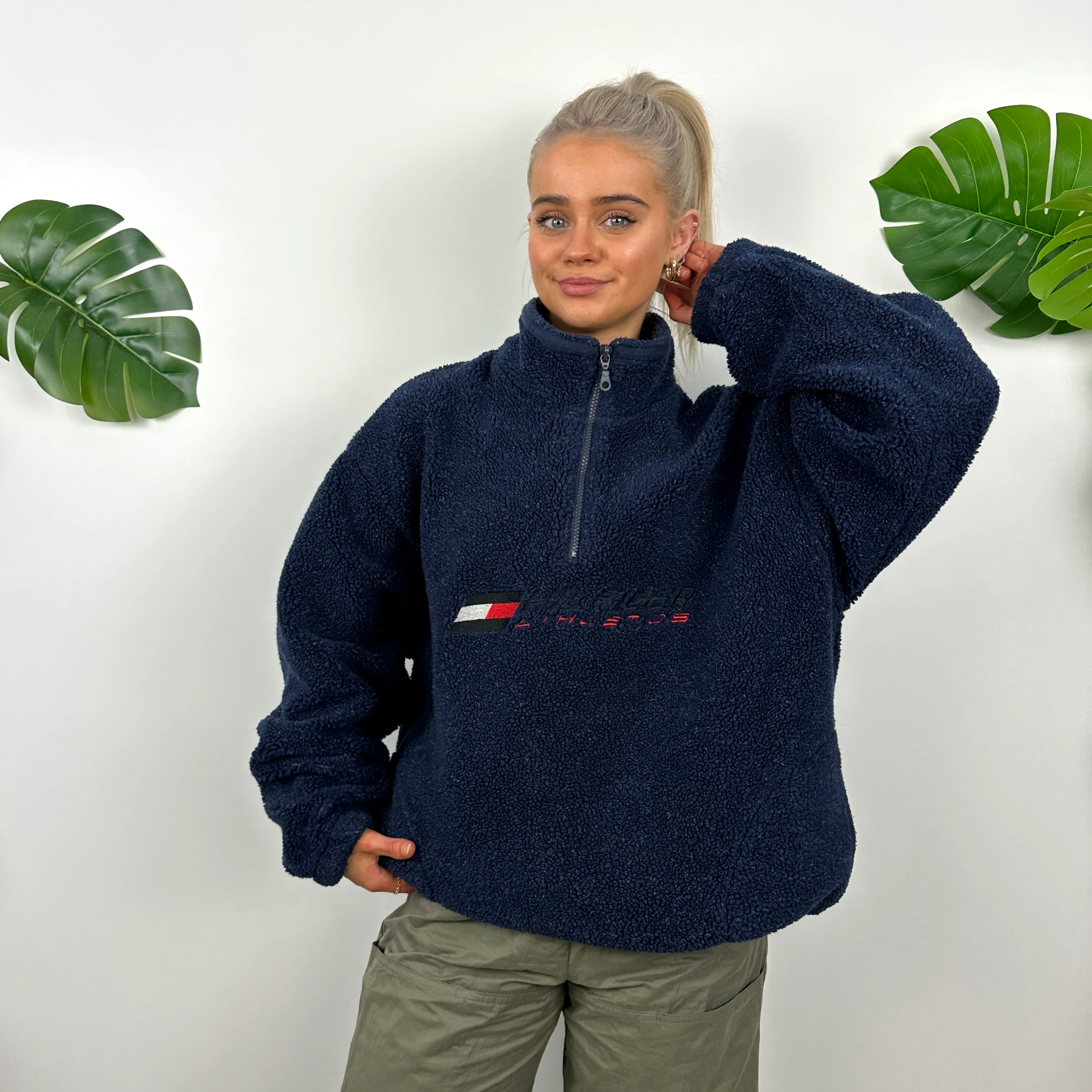 Tommy Hilfiger Navy Embroidered Spell Out Teddy Bear Sherpa Fleece Quarter Zip Sweatshirt (L) - Image 4