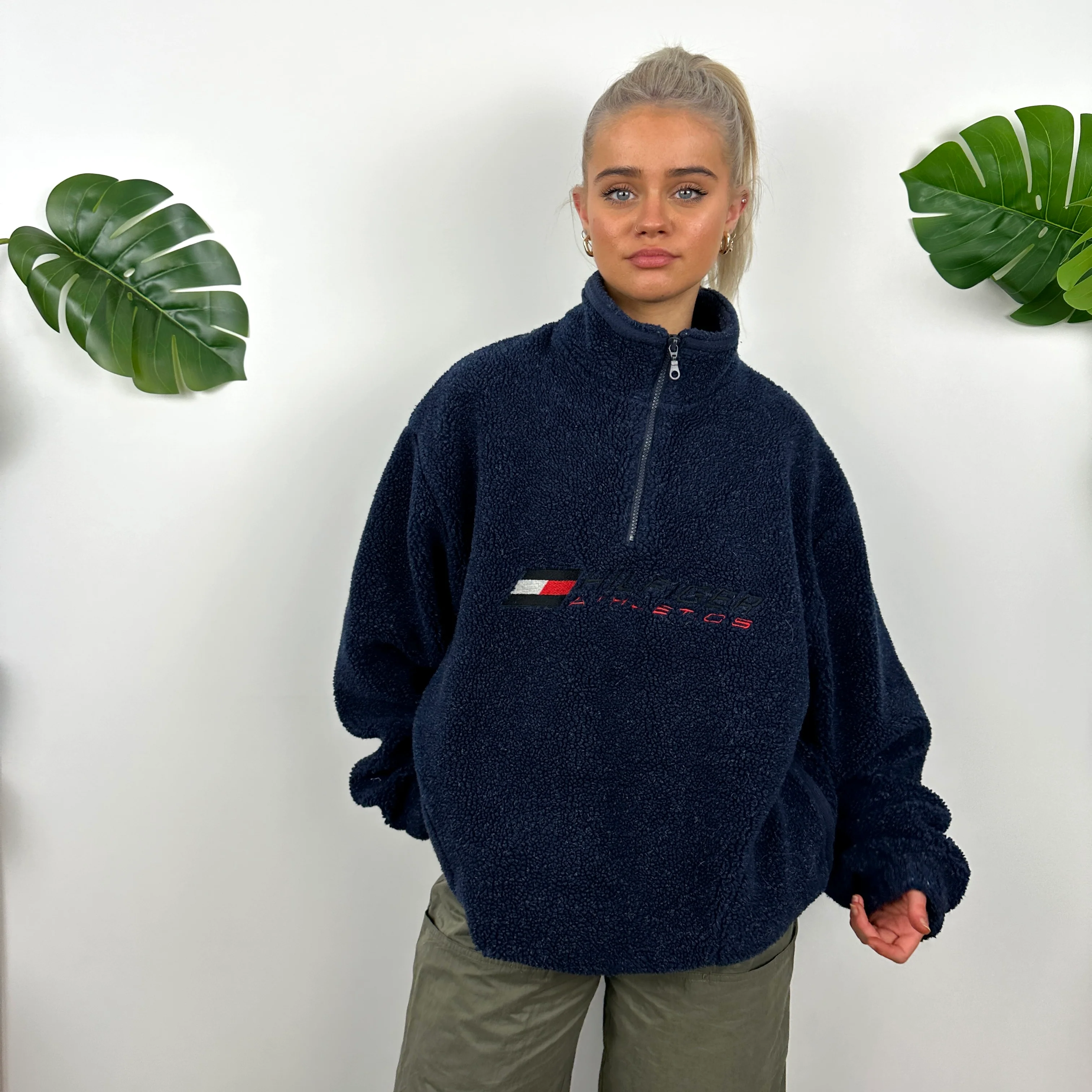 Tommy Hilfiger Navy Embroidered Spell Out Teddy Bear Sherpa Fleece Quarter Zip Sweatshirt (L) - Image 6