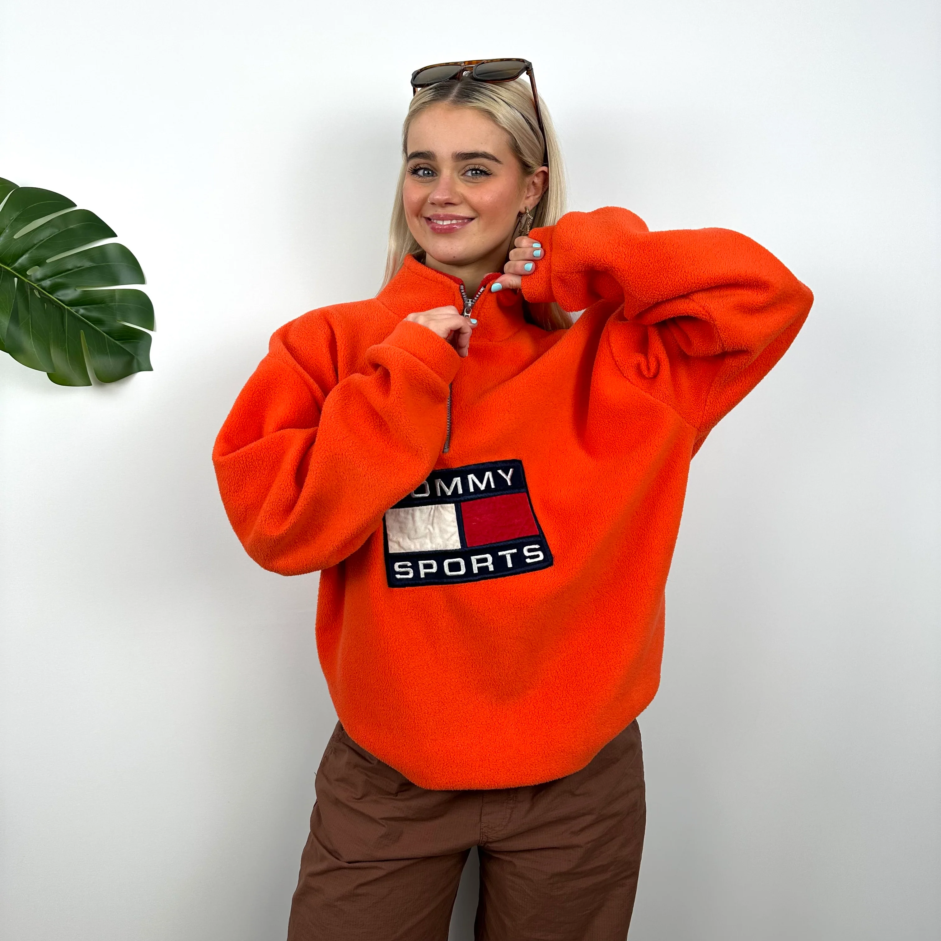Tommy Hilfiger Orange Embroidered Spell Out Teddy Bear Fleece Quarter Zip Sweatshirt (L) - Image 6