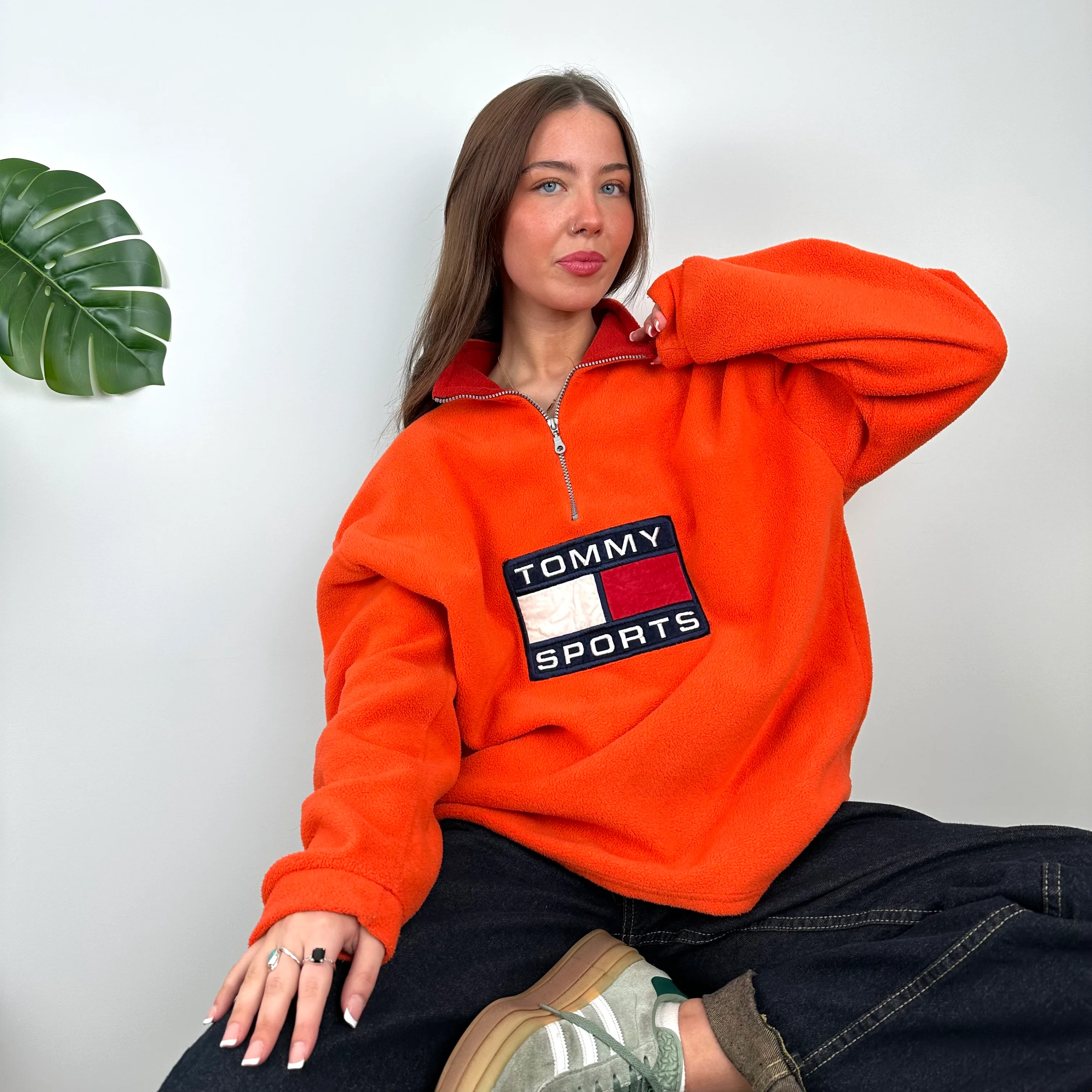 Tommy Hilfiger Orange Embroidered Spell Out Teddy Bear Fleece Quarter Zip Sweatshirt (L) - Image 6