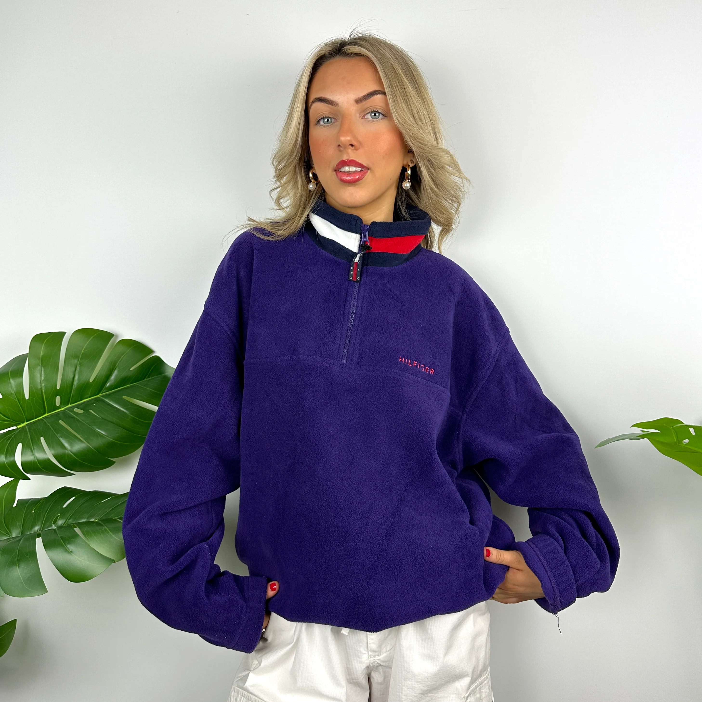Tommy Hilfiger Purple Embroidered Spell Out Teddy Bear Fleece Quarter Zip Sweatshirt (L) - Image 2