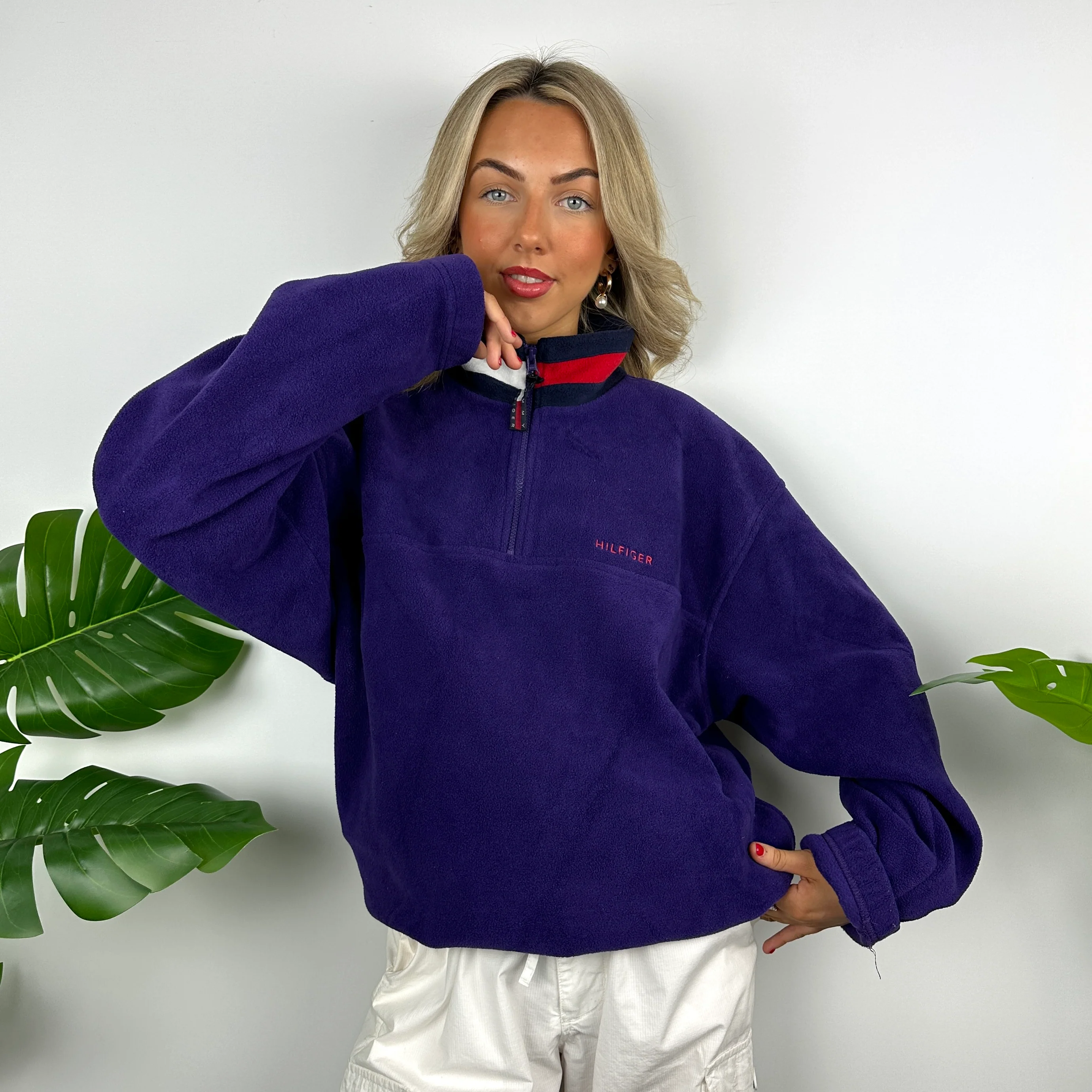Tommy Hilfiger Purple Embroidered Spell Out Teddy Bear Fleece Quarter Zip Sweatshirt (L) - Image 3