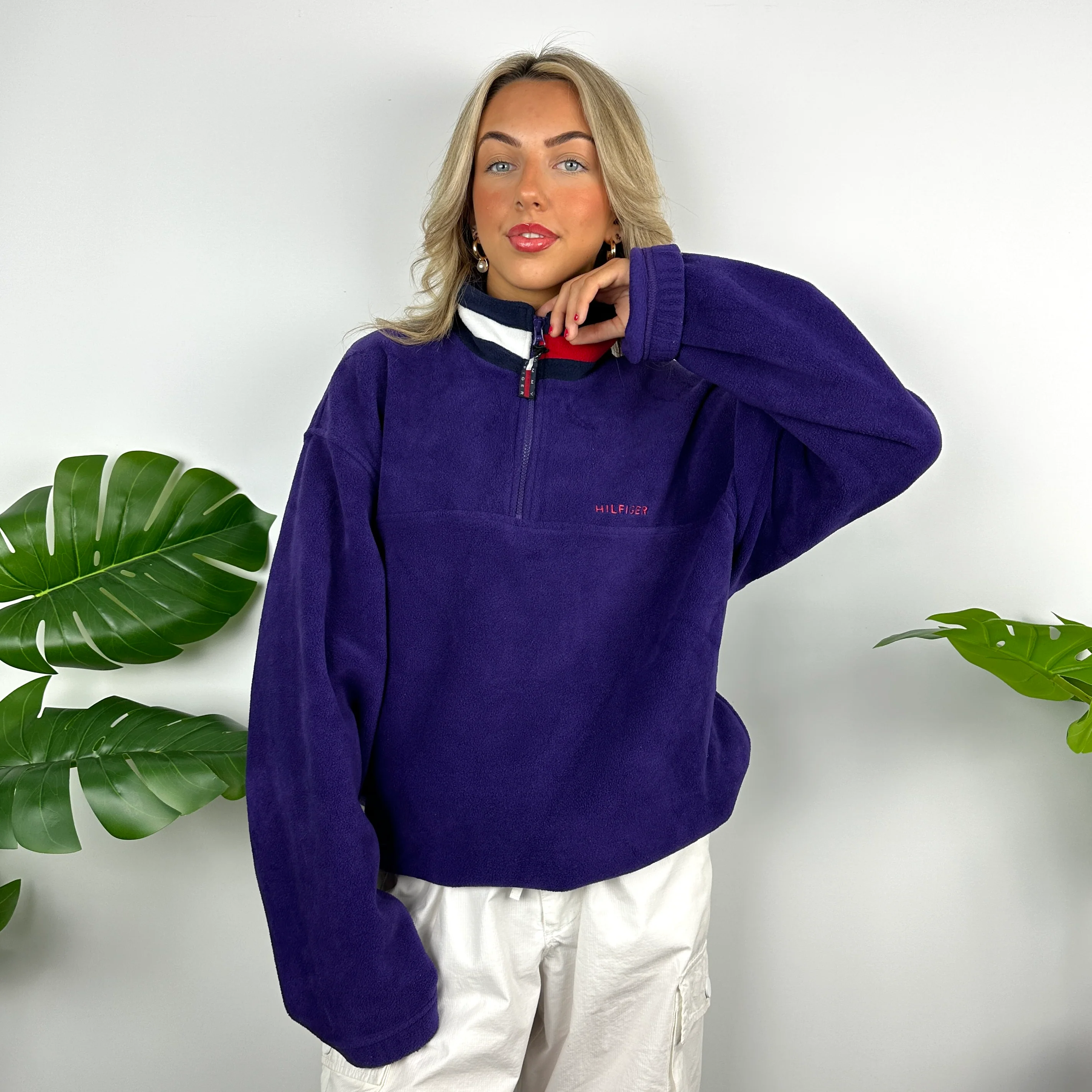Tommy Hilfiger Purple Embroidered Spell Out Teddy Bear Fleece Quarter Zip Sweatshirt (L) - Image 4