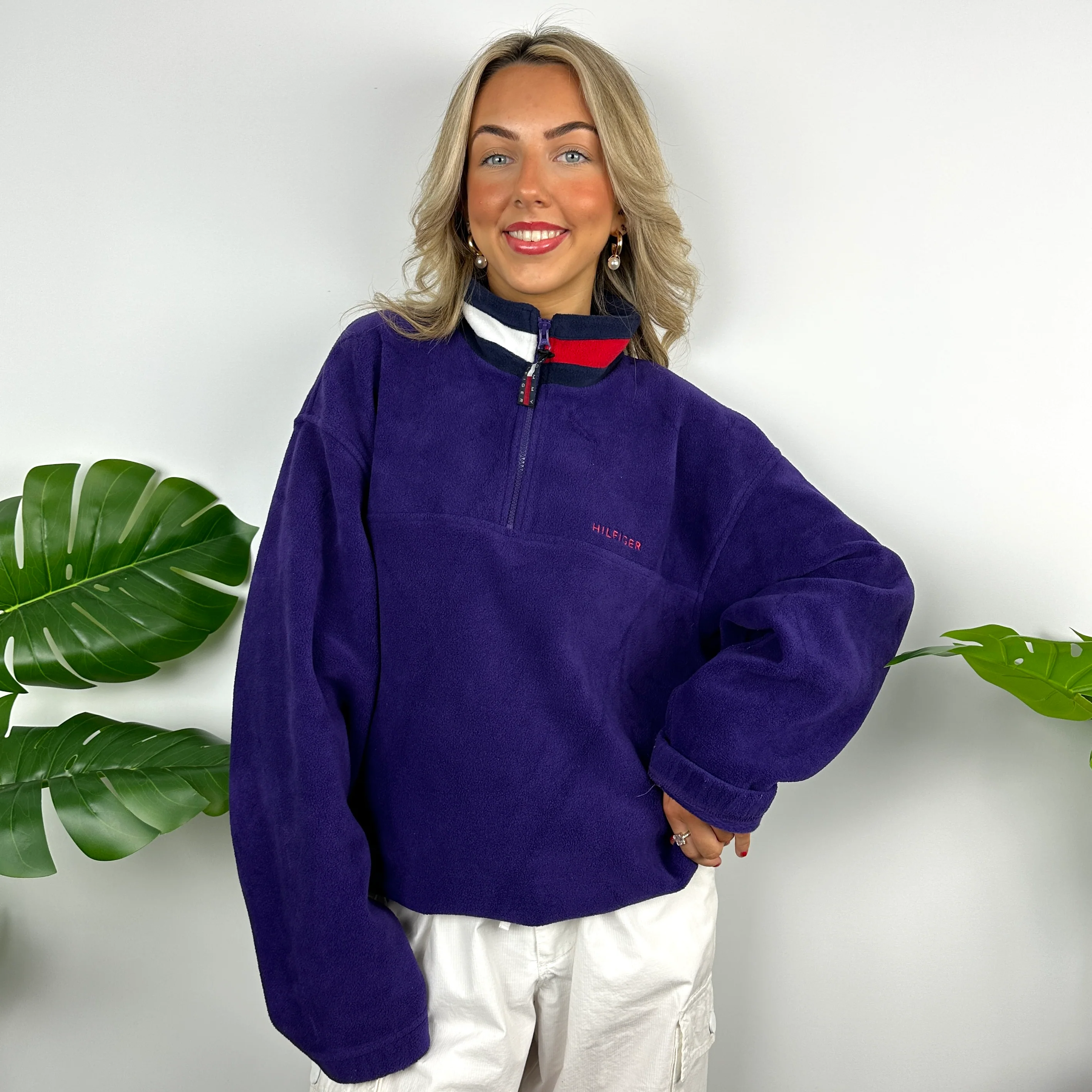 Tommy Hilfiger Purple Embroidered Spell Out Teddy Bear Fleece Quarter Zip Sweatshirt (L) - Image 9