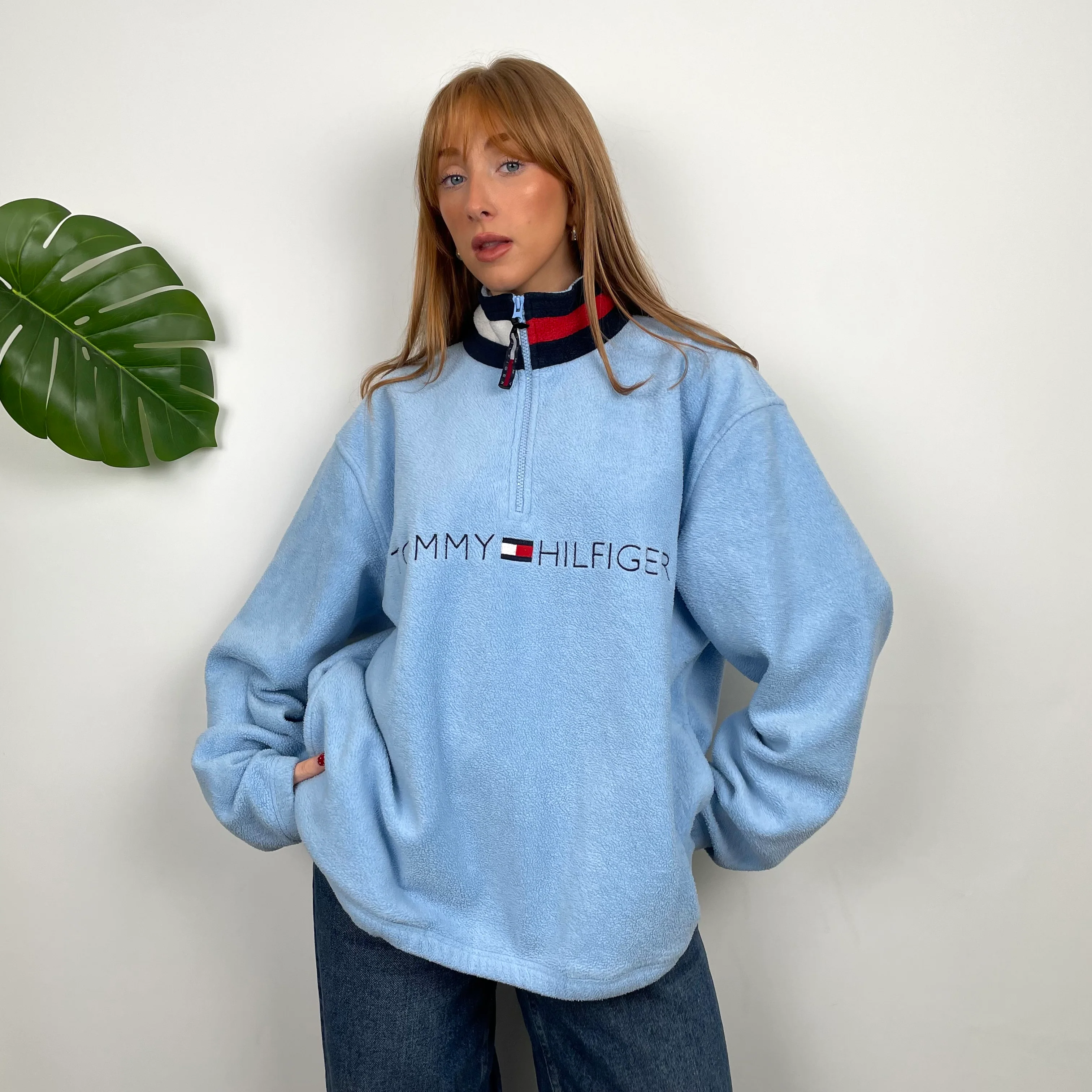 Tommy Hilfiger RARE Baby Blue Embroidered Spell Out Teddy Bear Fleece Quarter Zip Sweatshirt (L)