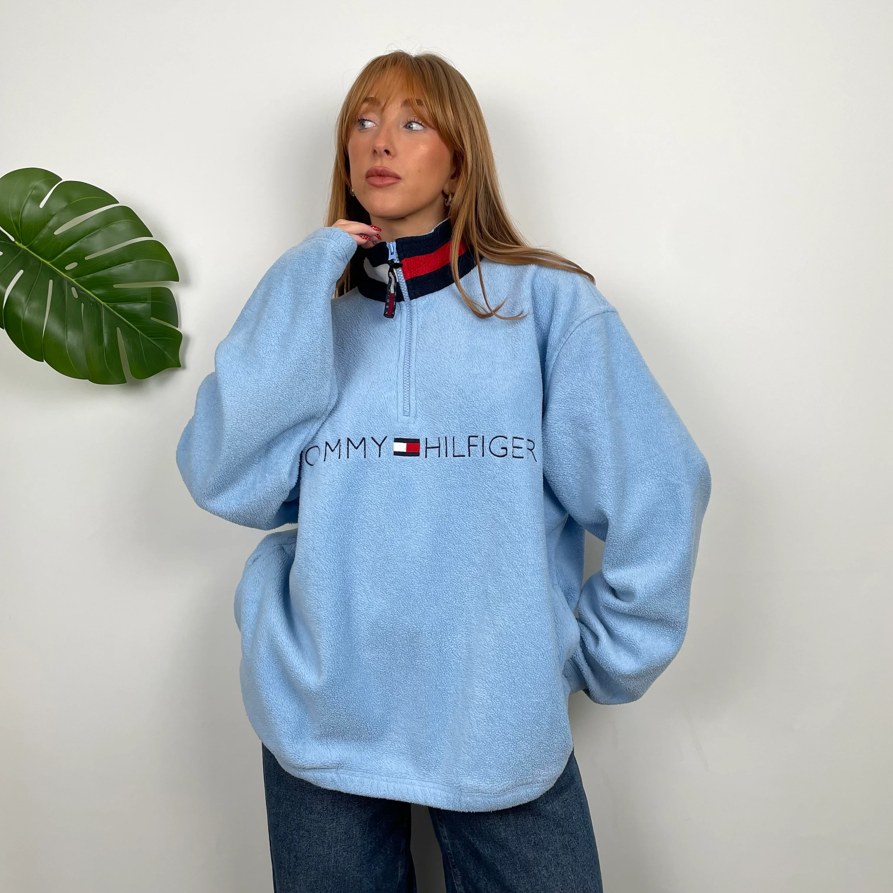 Tommy Hilfiger RARE Baby Blue Embroidered Spell Out Teddy Bear Fleece Quarter Zip Sweatshirt (L) - Image 2