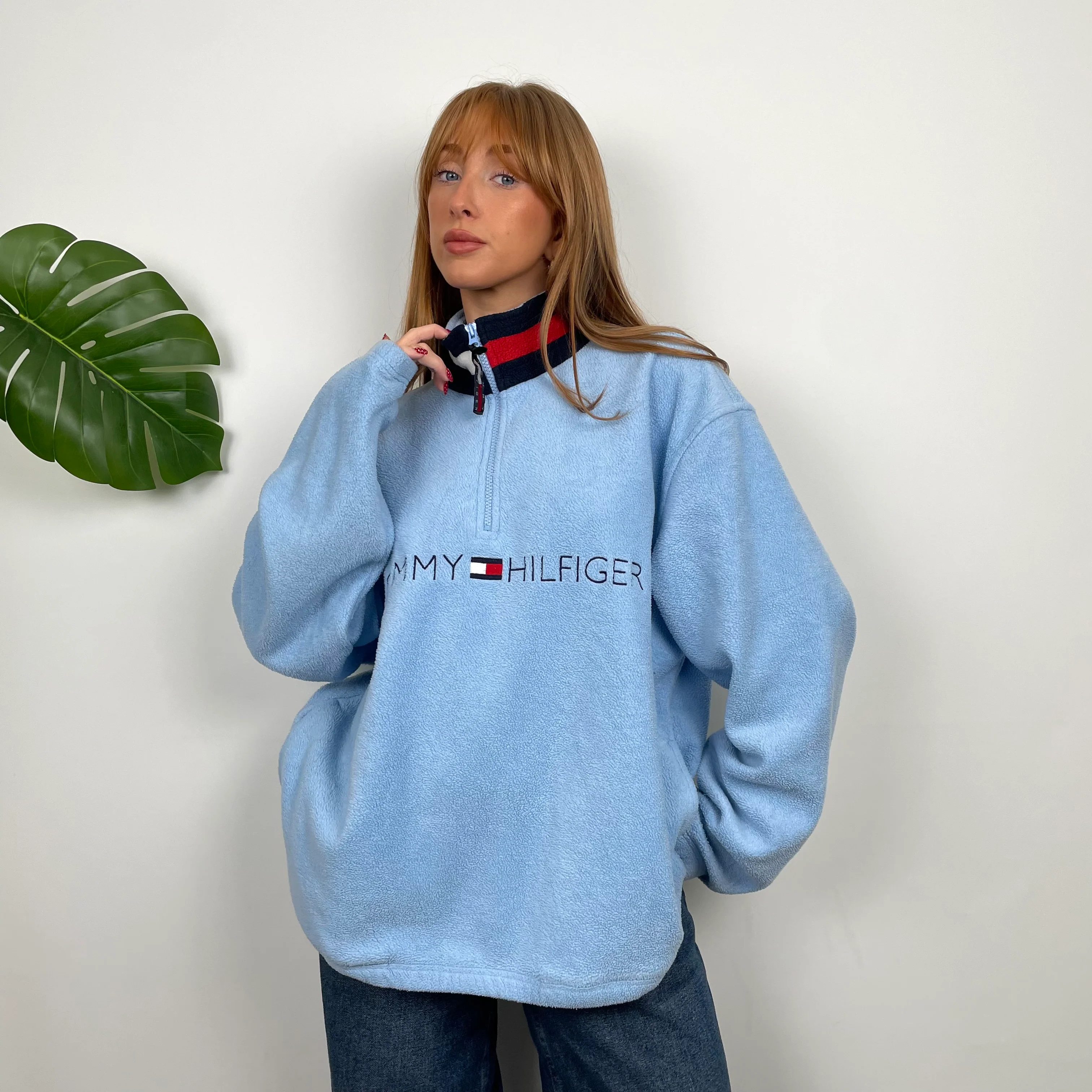 Tommy Hilfiger RARE Baby Blue Embroidered Spell Out Teddy Bear Fleece Quarter Zip Sweatshirt (L) - Image 3