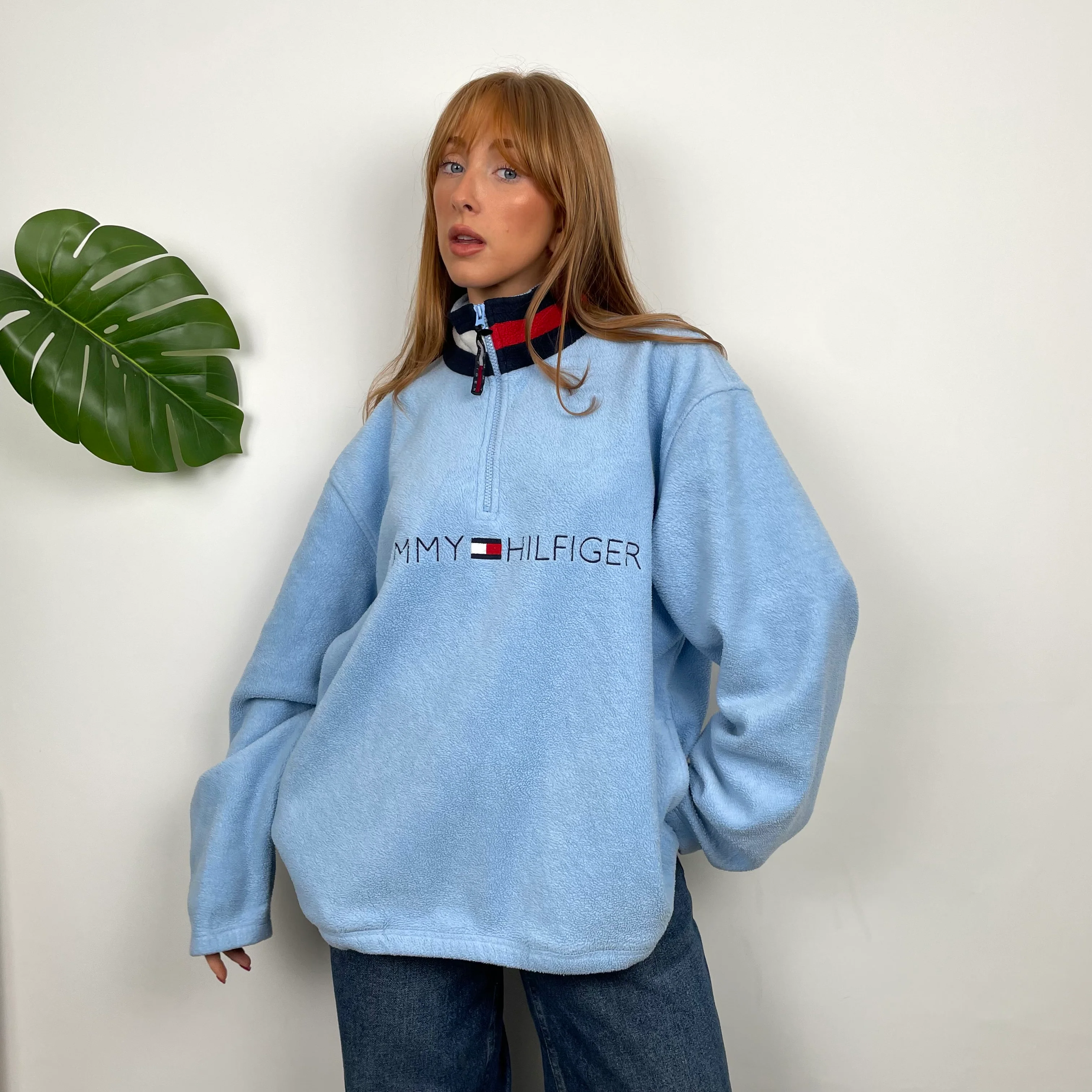 Tommy Hilfiger RARE Baby Blue Embroidered Spell Out Teddy Bear Fleece Quarter Zip Sweatshirt (L) - Image 4